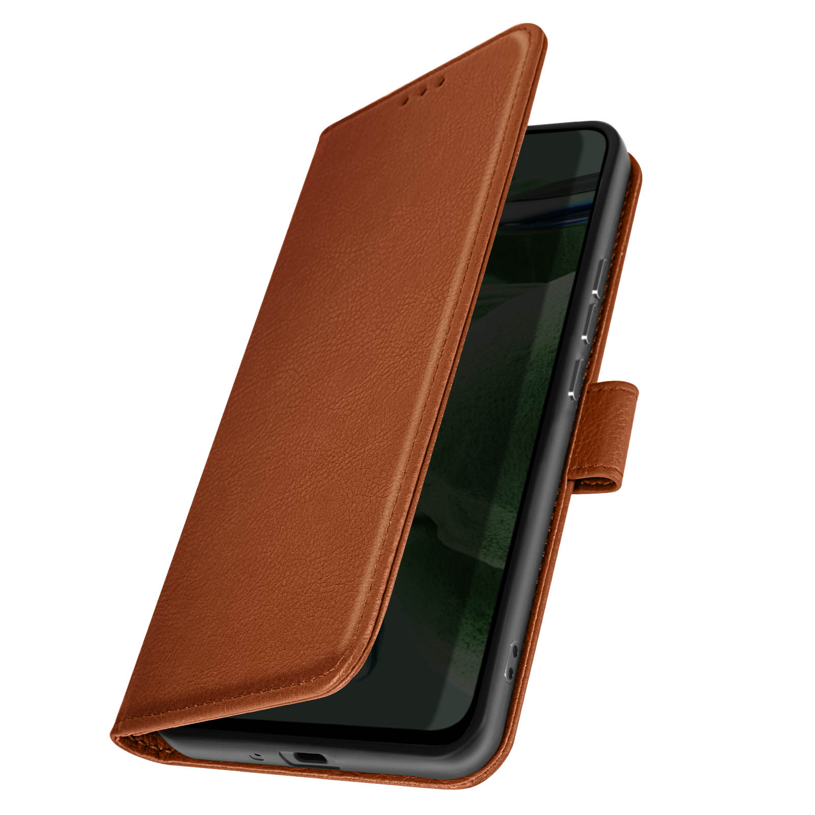 Una funda de teléfono de cuero marrón abierta, revelando una pantalla negra de teléfono, sobre una superficie blanca.