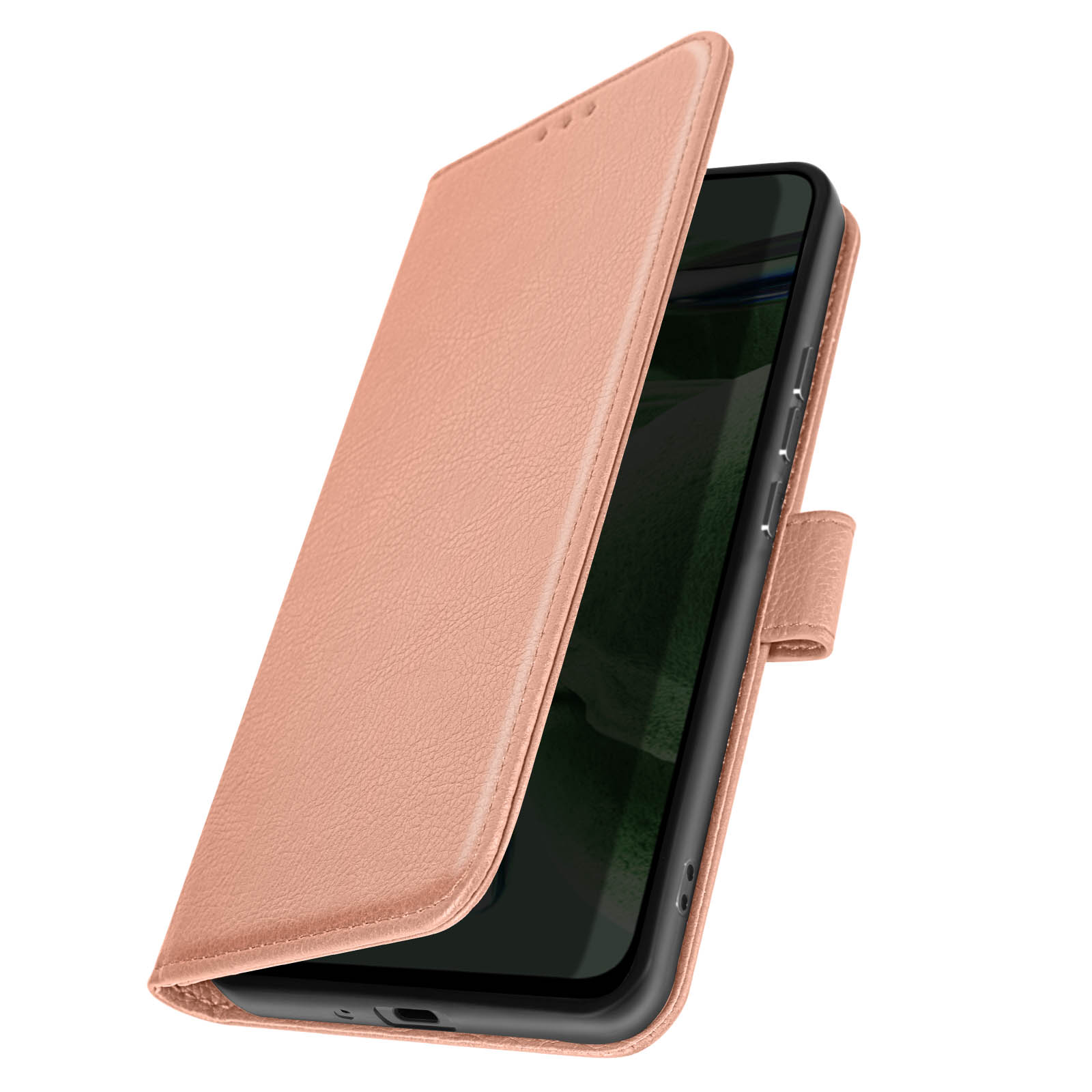 Funda de teléfono de cuero rosa con una solapa abierta, revelando el teléfono.