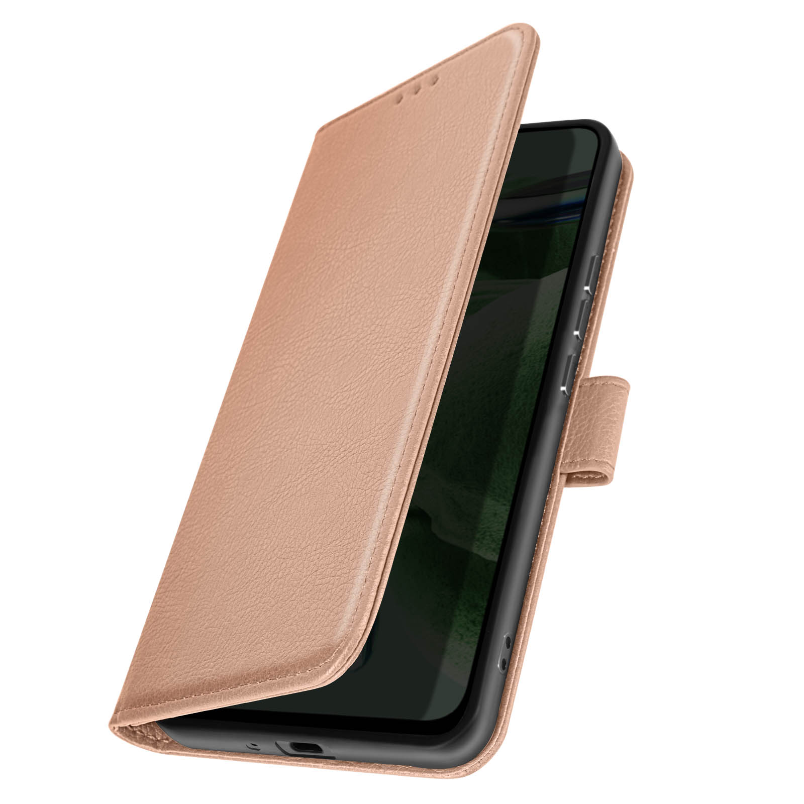 Custodia per telefono rosa aperta, che rivela un telefono nero. La custodia ha una chiusura.