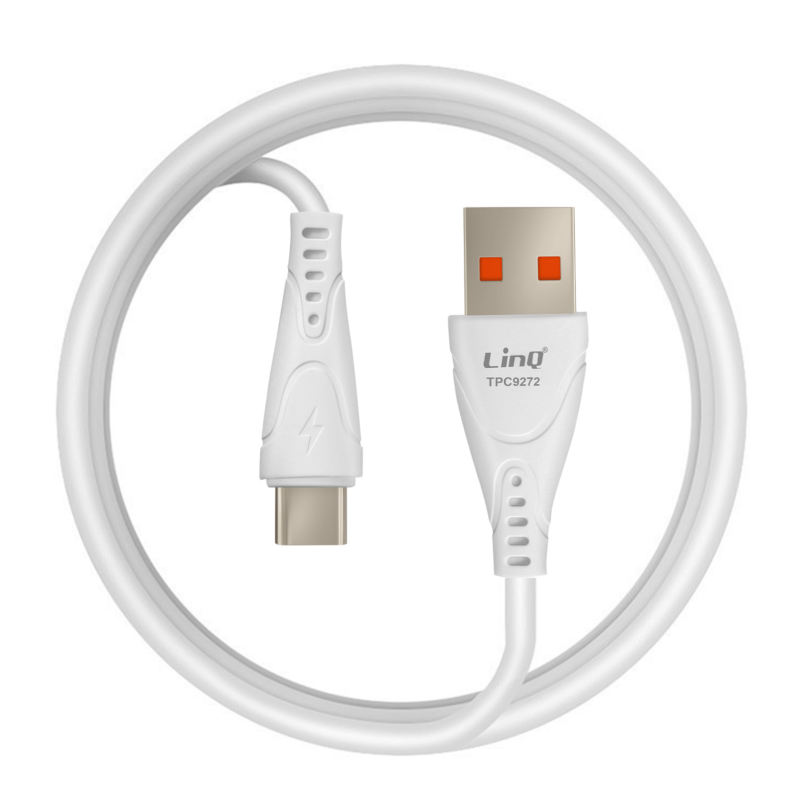 Cavo di ricarica USB-C bianco con dettagli arancioni sul connettore USB.