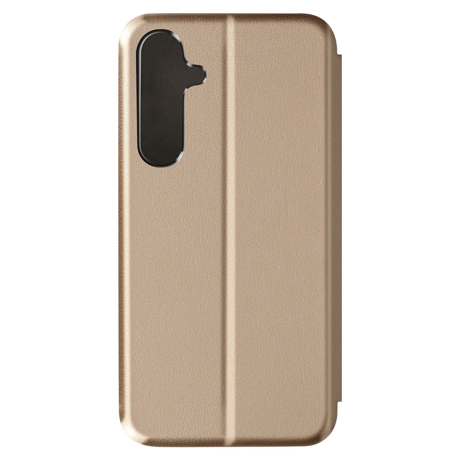 Custodia per telefono dorata. Custodia chiusa, dorata e strutturata con ritaglio per fotocamera. Sfondo beige.