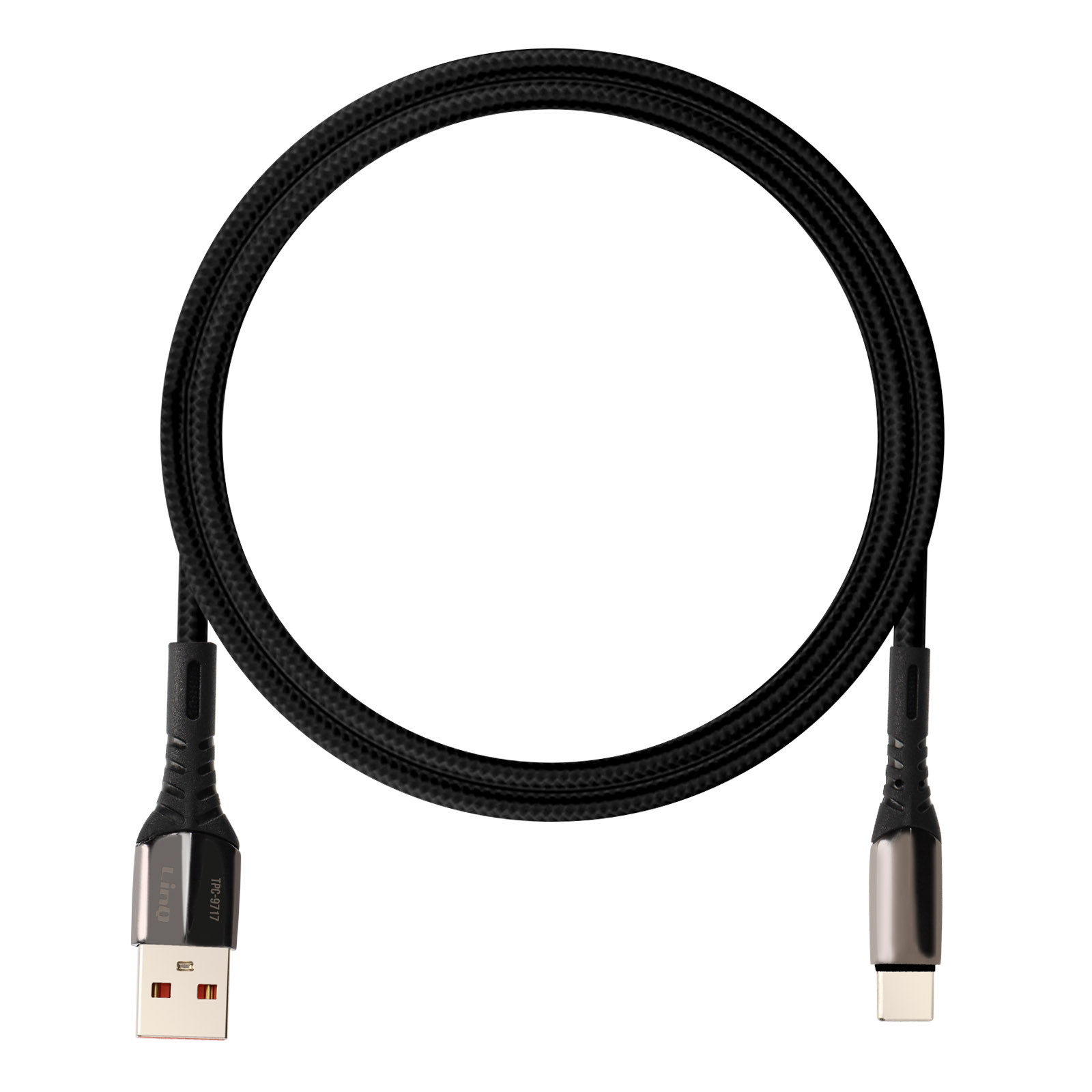 Cavo USB-C nero. Un'estremità ha una porta USB, l'altra una porta USB-C.