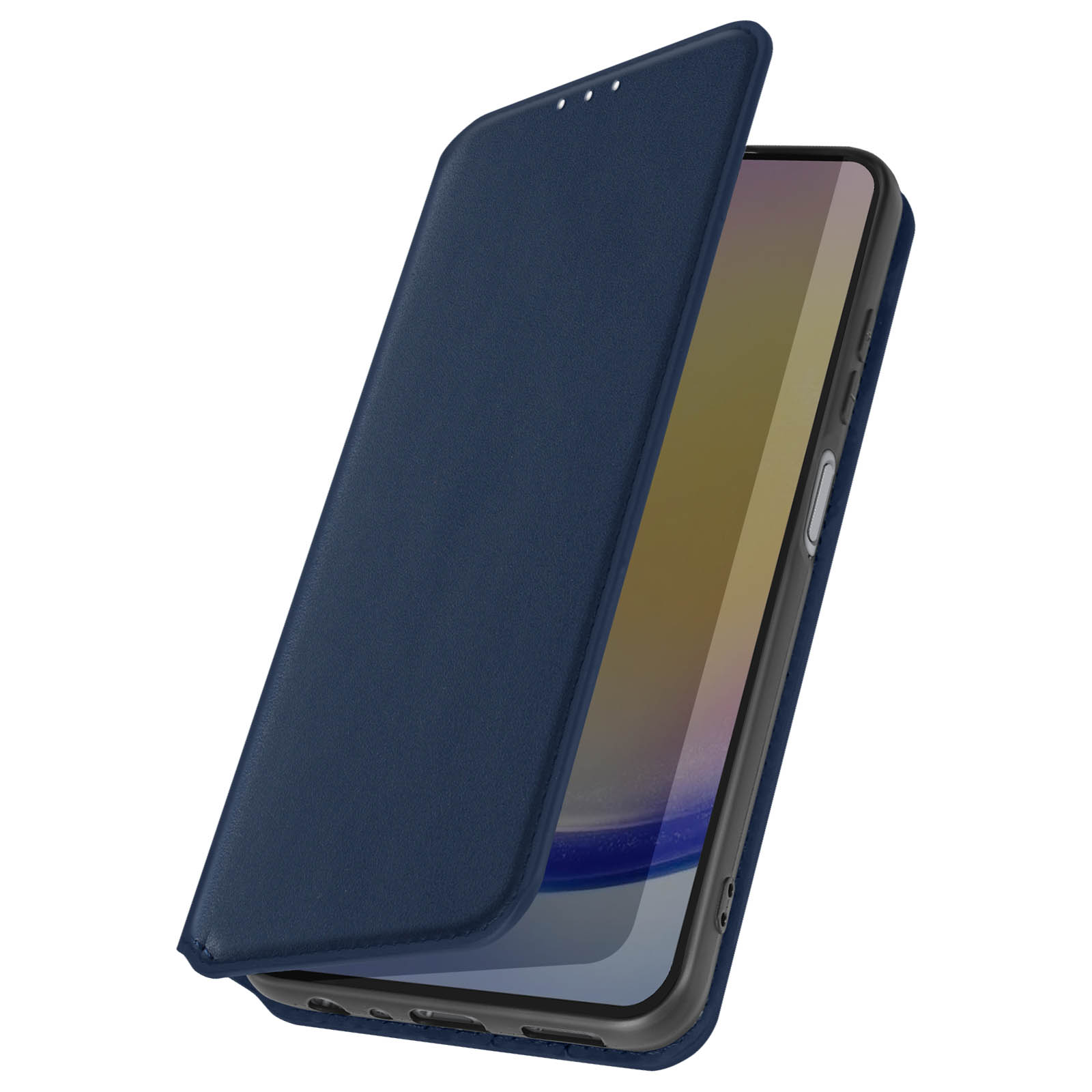 Una custodia blu, aperta, con un telefono dentro. La custodia è in pelle.