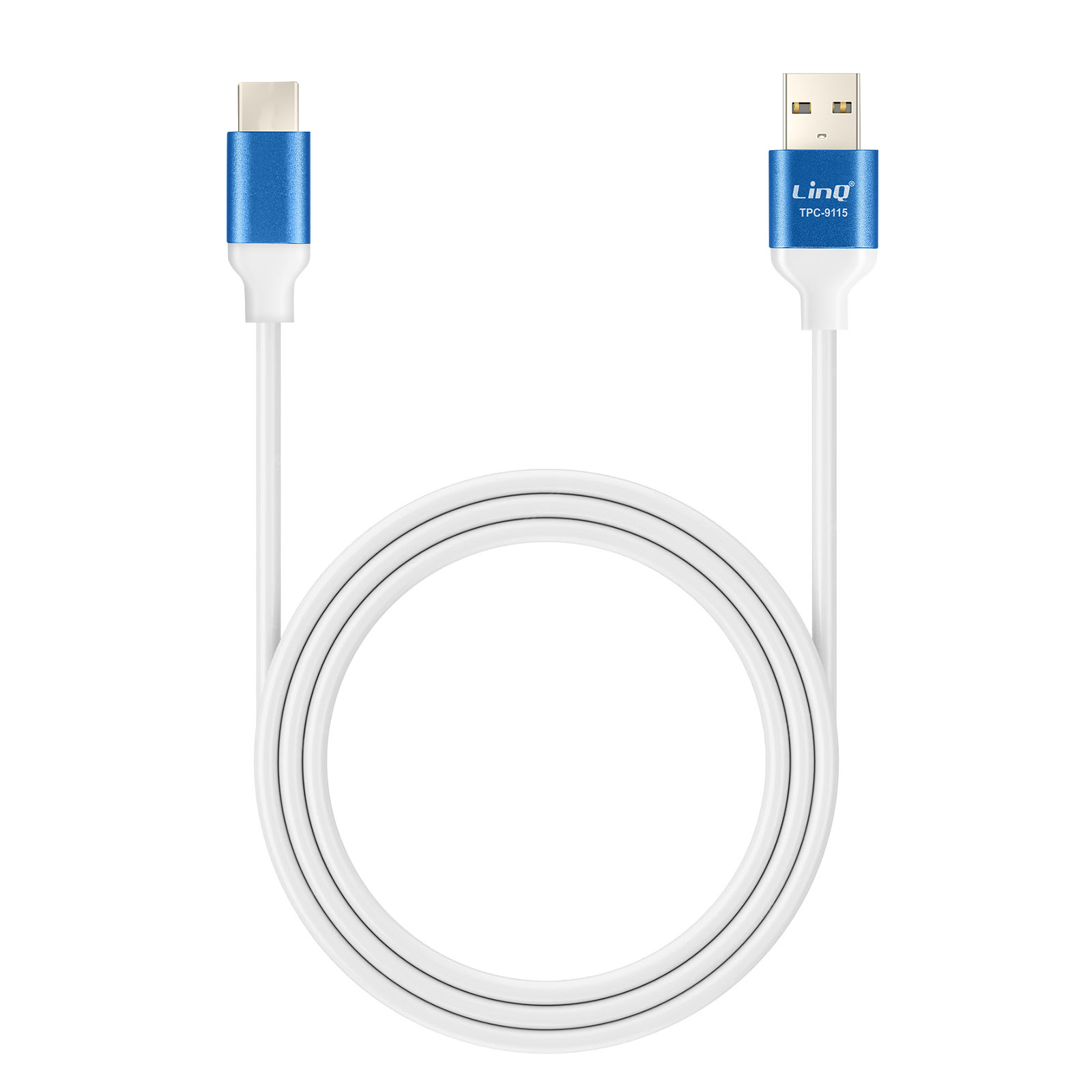 Cavo USB bianco con connettori blu. Il cavo è avvolto in un anello. Il marchio 'Ling' è sopra.
