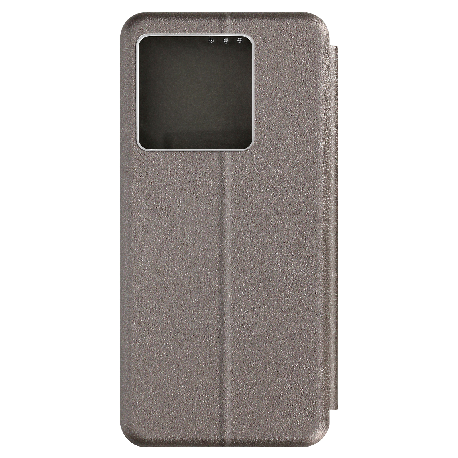 Custodia per telefono, grigia, con ritaglio per fotocamera. Colore marrone e pulsanti laterali.