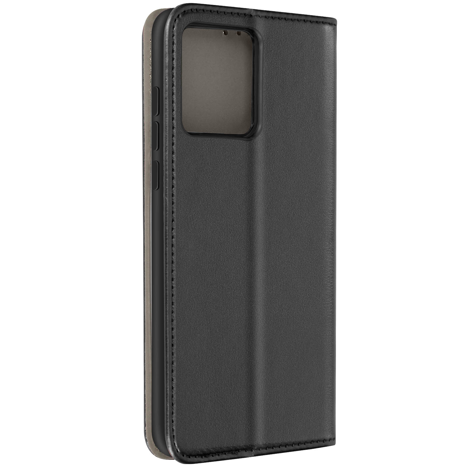 Custodia nera per telefono, stile portafoglio. Chiusa, che mostra la copertina.