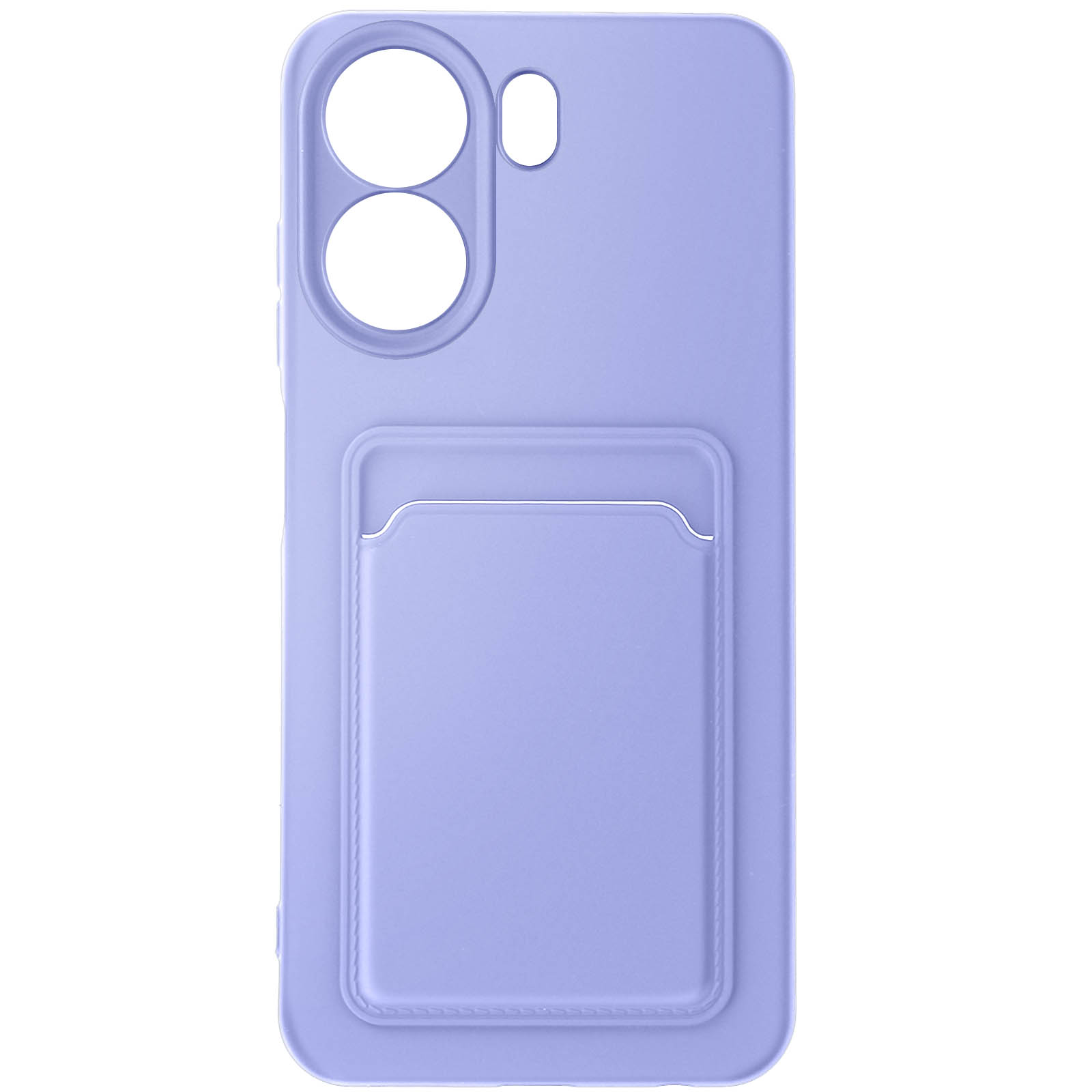 Una custodia per telefono viola chiaro con un porta carte. La custodia ha una superficie liscia.