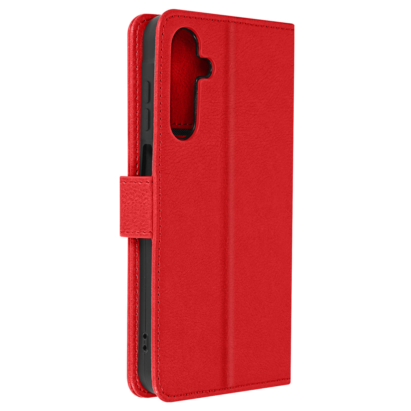 Una custodia per telefono rossa, chiusa. La custodia è simile alla pelle con una cinghia per chiuderla.