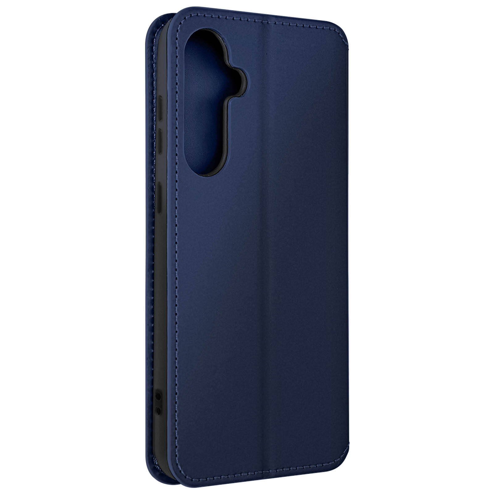 Custodia blu scuro per telefono, chiusa. Il telefono è dentro. La custodia ha una texture liscia.