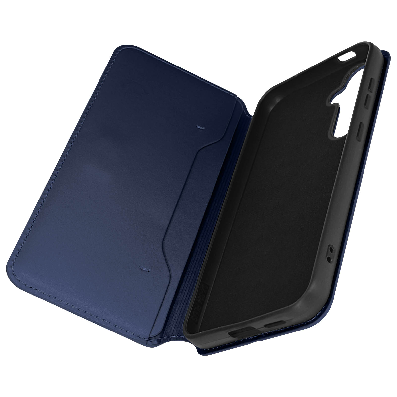 Una custodia per telefono in pelle blu. È aperta, mostrando l'interno con fessure per carte e il supporto.