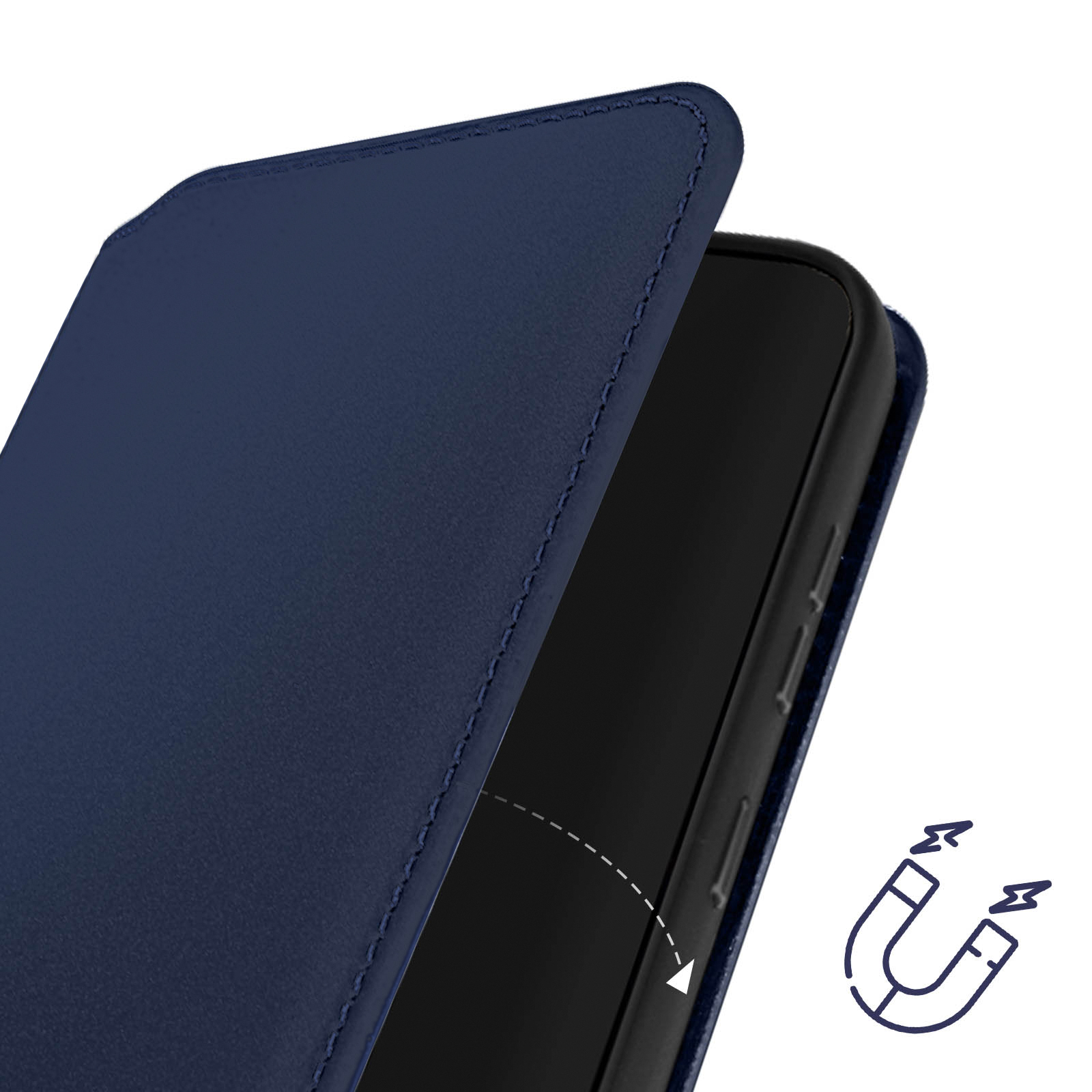 Custodia blu con coperchio aperto e icona magnete a destra.