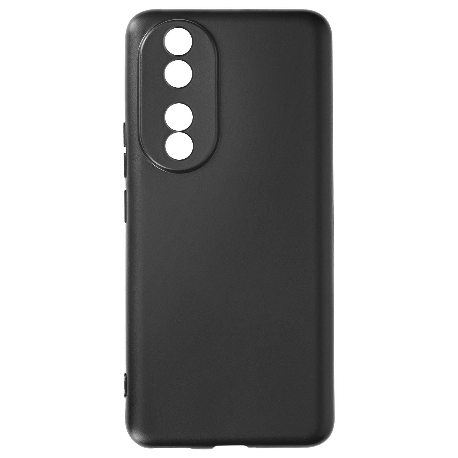 Una custodia per telefono nera liscia con fori per la fotocamera, su sfondo bianco.