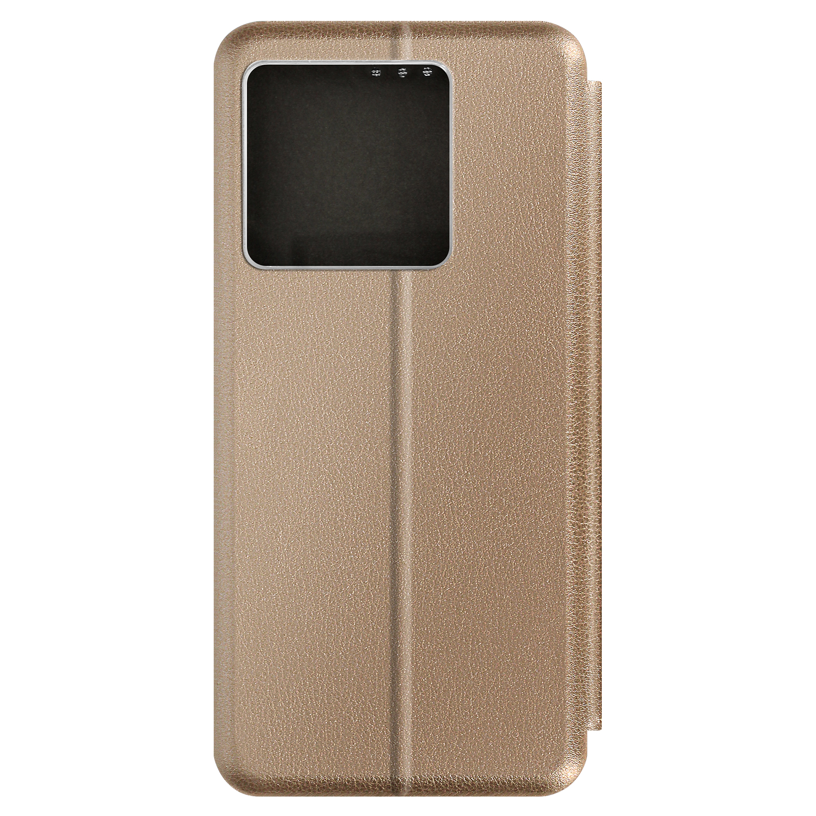 Custodia per telefono dorata con ritaglio rettangolare per la fotocamera. La custodia è in pelle.