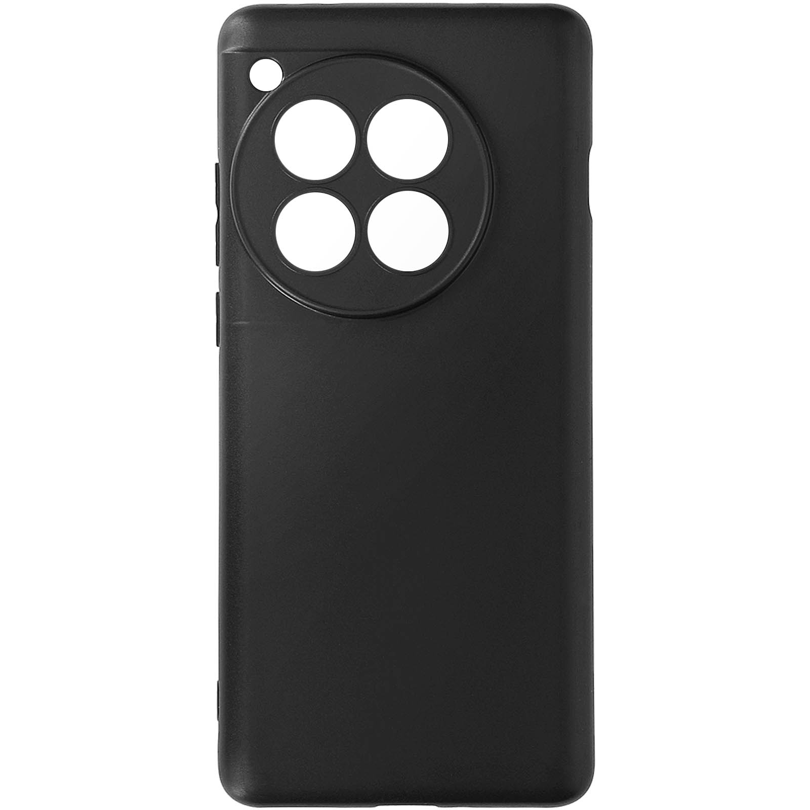 Una custodia per telefono nera con un ritaglio circolare per la fotocamera e quattro fori per l'obiettivo.