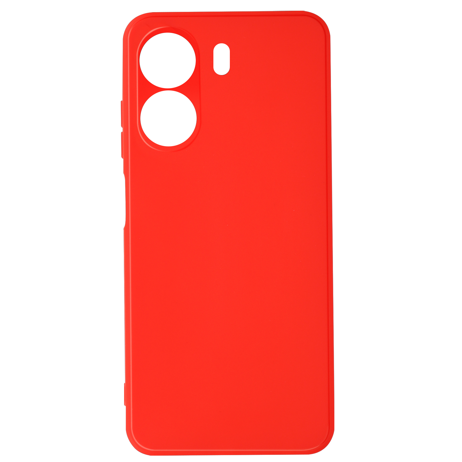 Custodia rossa per telefono con aperture per fotocamera e pulsanti su sfondo bianco.