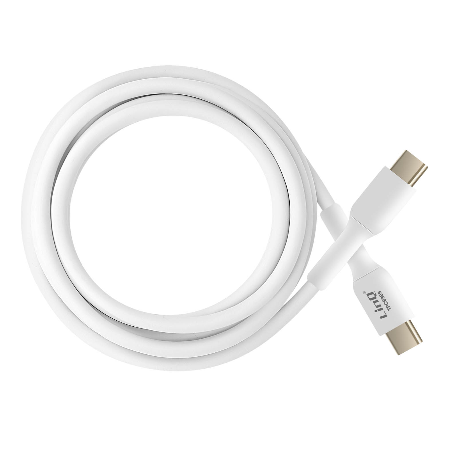 Cavo USB-C bianco. Con connettori USB-C. Sfondo bianco.