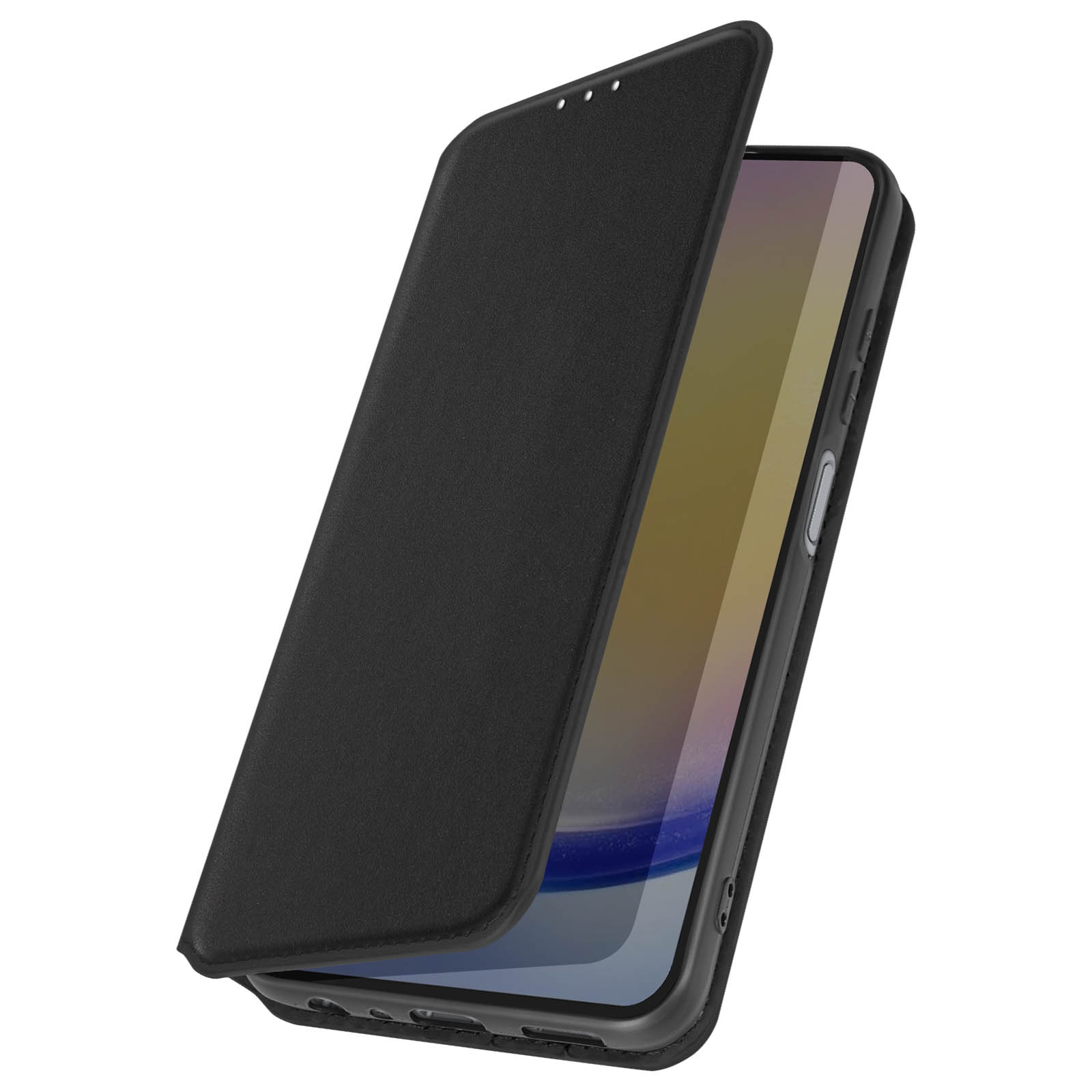 Custodia per telefono nera con coperchio aperto, che mostra lo schermo del telefono.