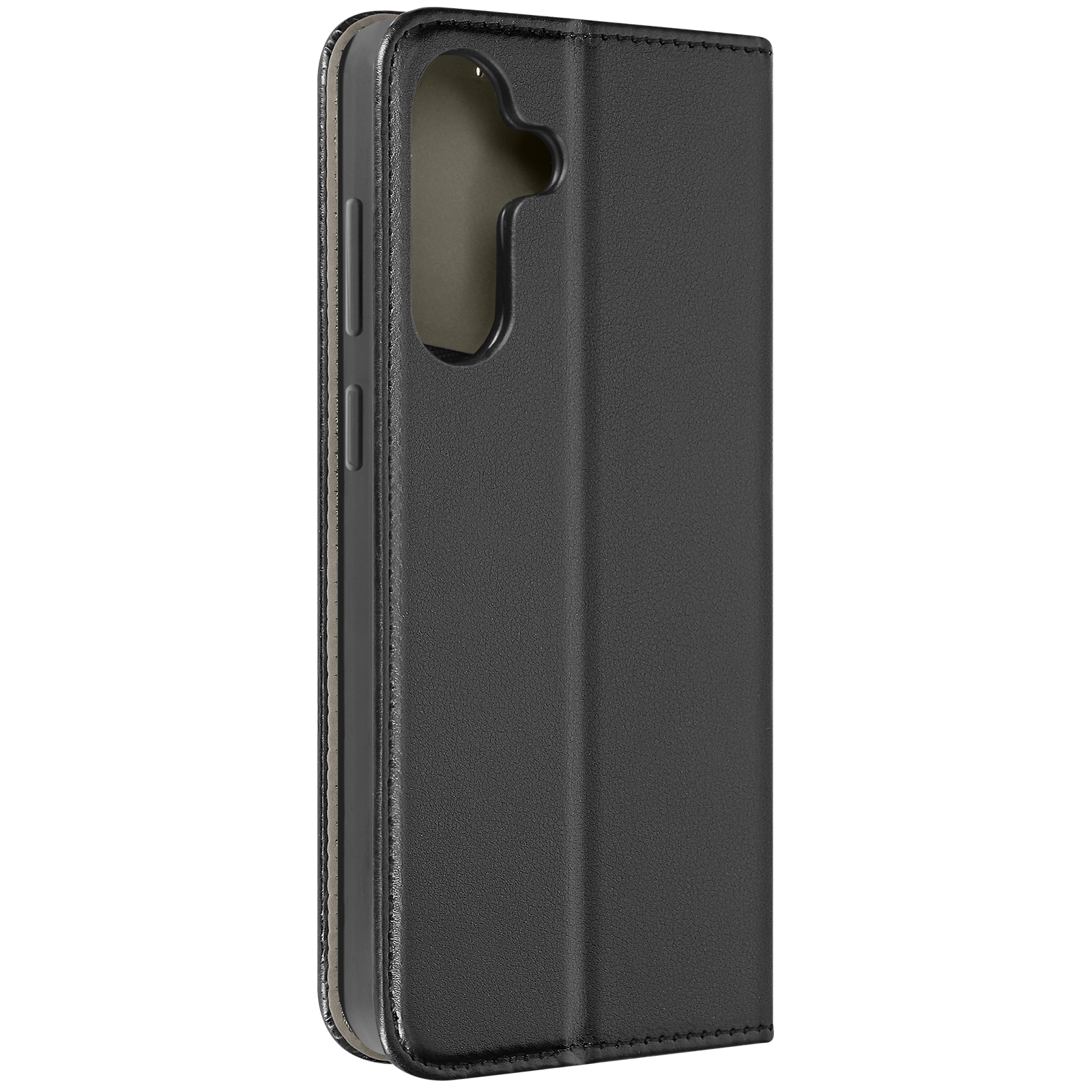 Custodia per telefono nera, chiusa. Ha una copertura con finitura strutturata e un interno liscio e scuro.
