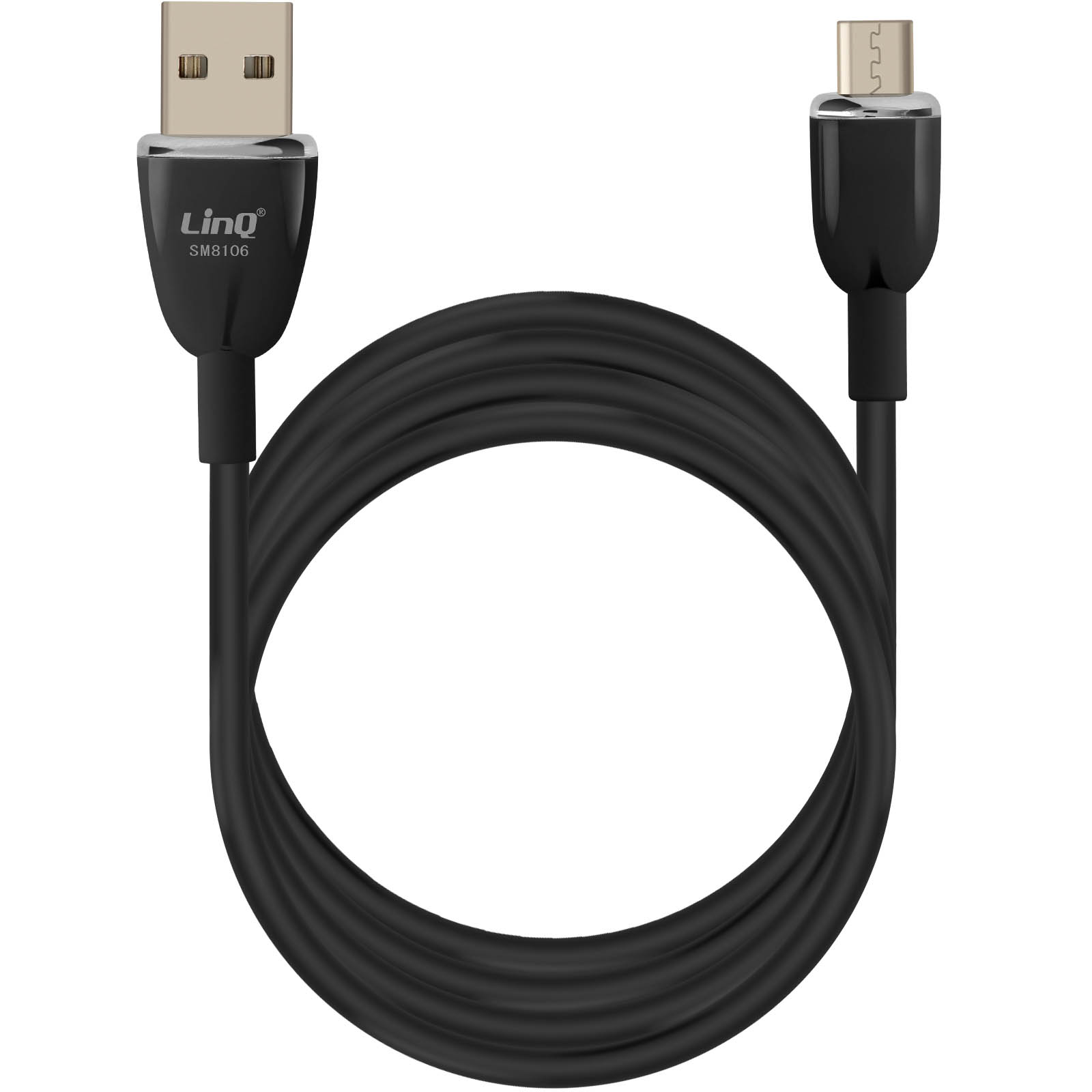 Cavo USB nero con estremità micro USB. Il marchio è LinQ. Su sfondo bianco.