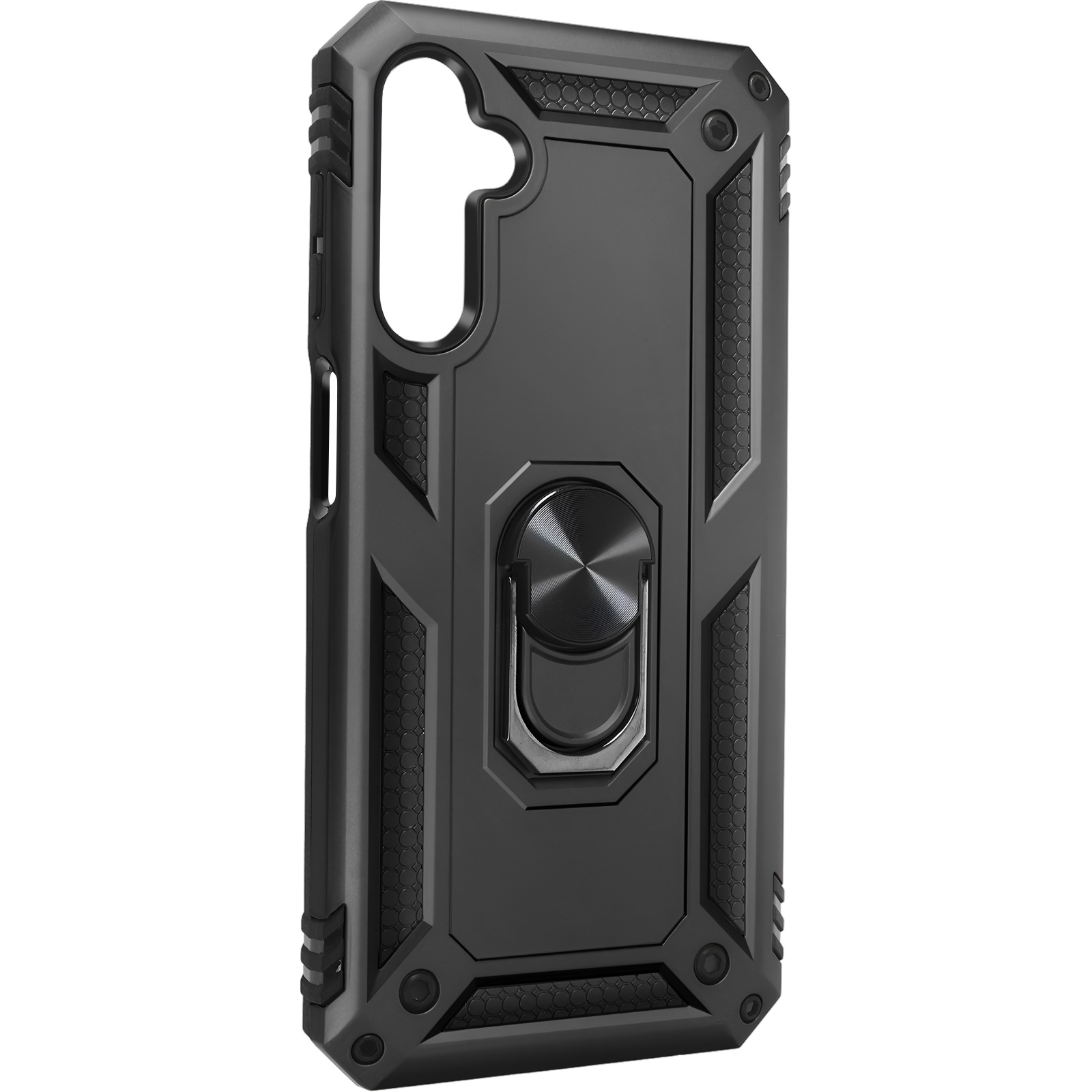 Custodia per telefono nera. Design robusto, con supporto ad anello sul retro. Modello esagonale.