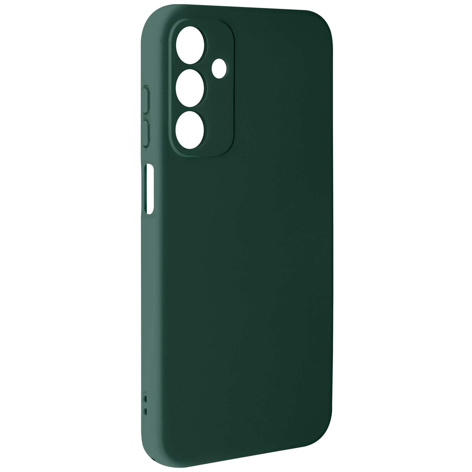 Custodia per telefono verde scuro. Con fori per la fotocamera. Sfondo bianco.