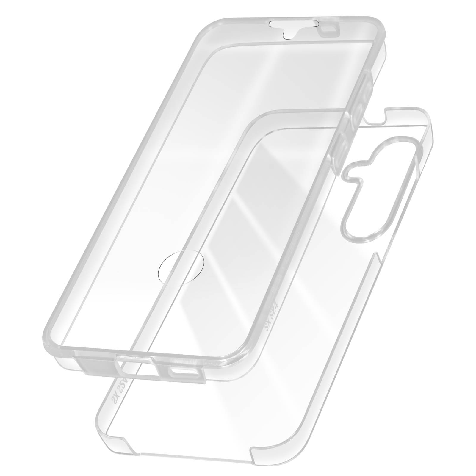 Custodia trasparente per telefono su sfondo bianco. Due pezzi.