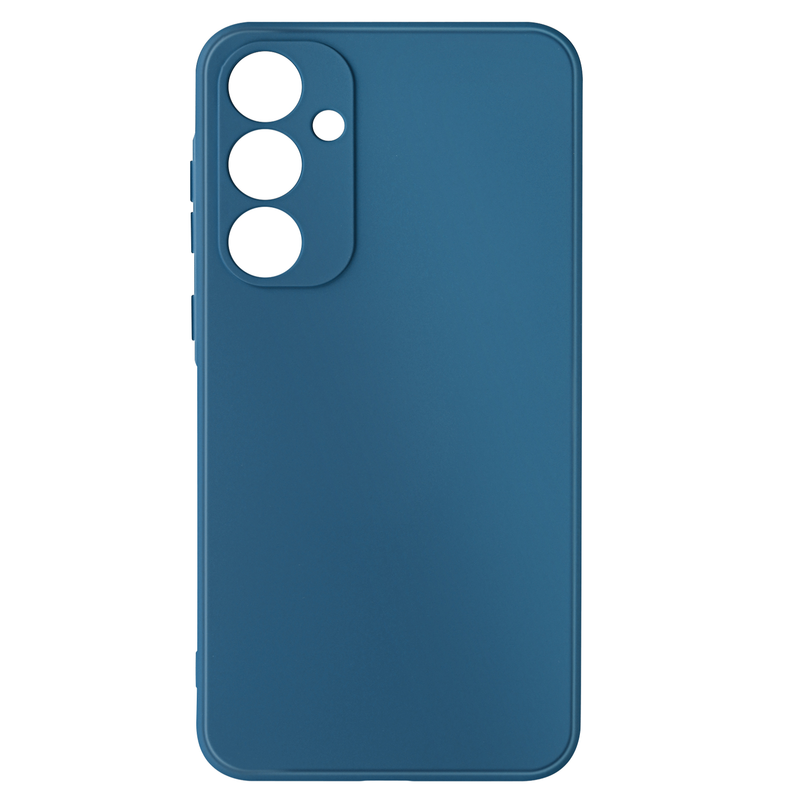 Custodia blu per telefono con ritagli per fotocamera e pulsanti. Lo sfondo è bianco.