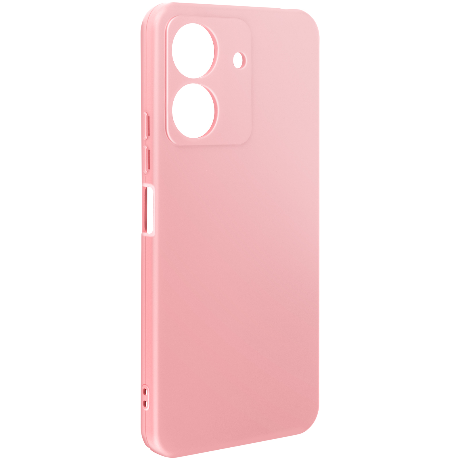 Una custodia per telefono rosa, con fori per la fotocamera e ritagli per i pulsanti. Superficie liscia.