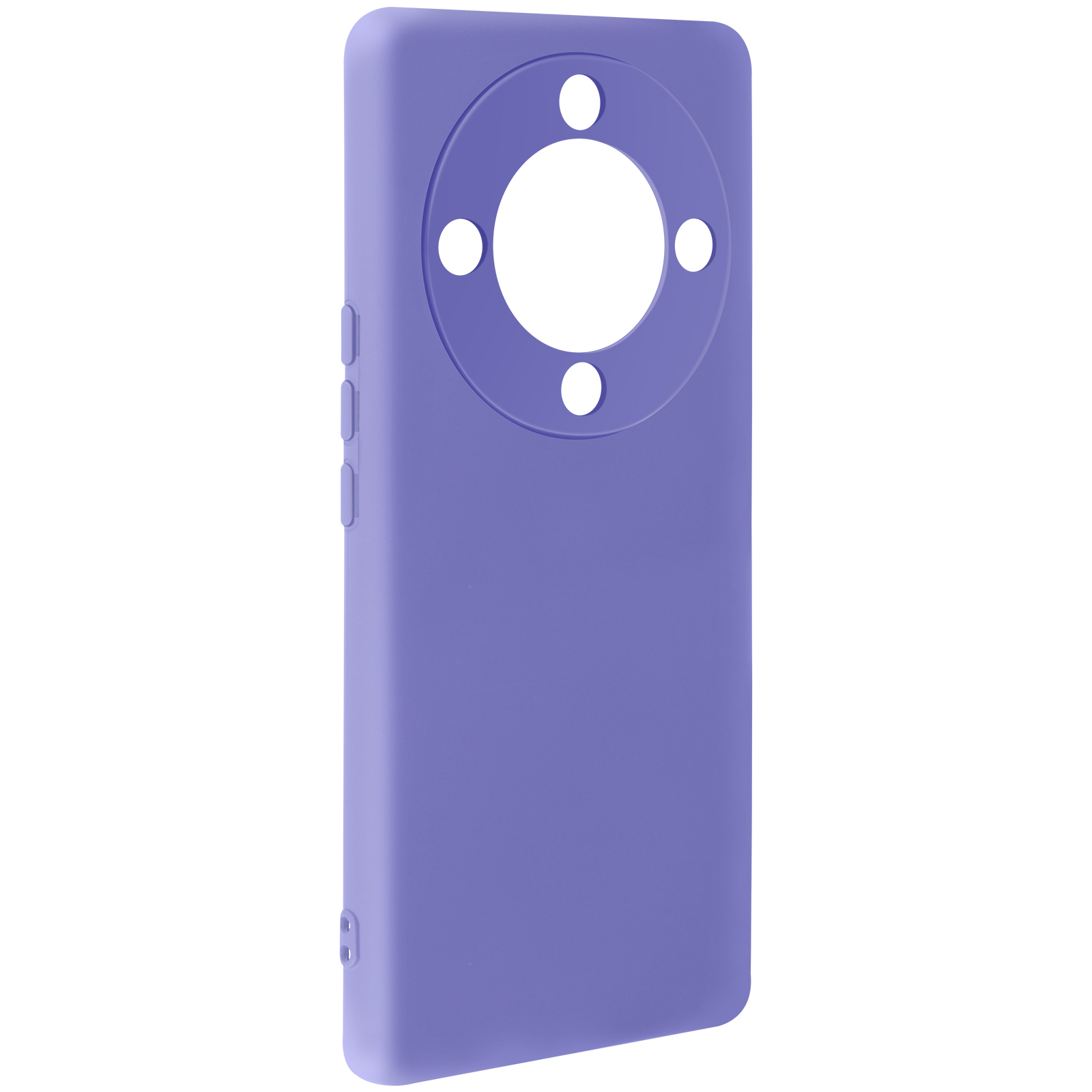 Un étui de téléphone violet, vue arrière. Il a des trous pour appareil photo.
