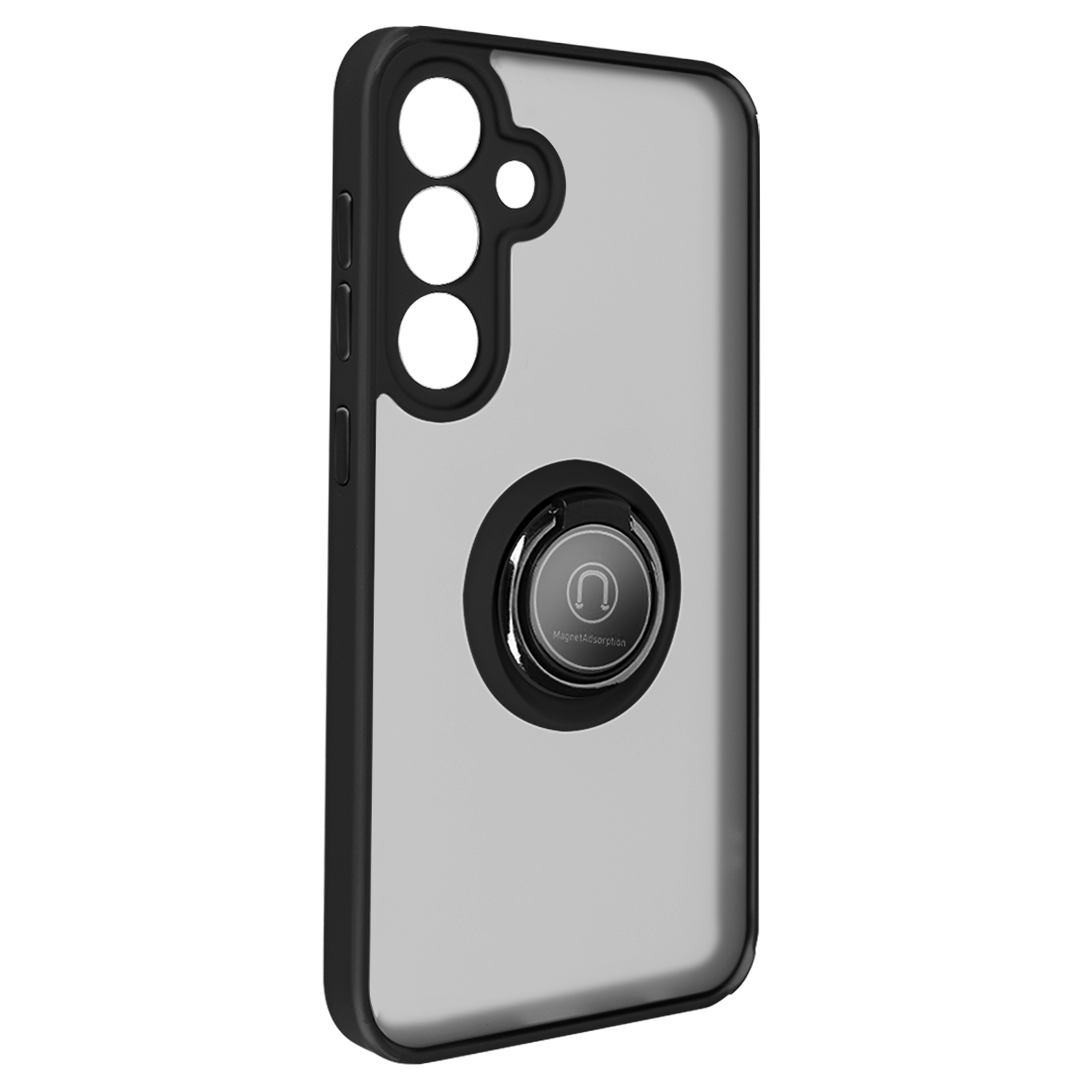 Custodia per telefono, retro trasparente con cornice nera e supporto ad anello.