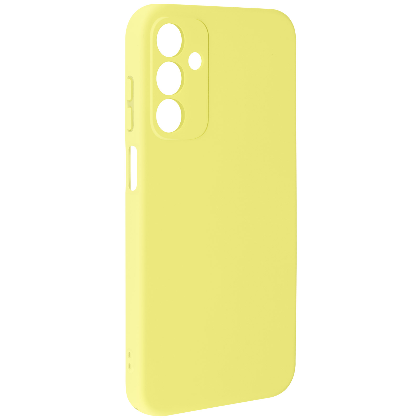 Una custodia per telefono giallo chiaro, vista posteriore. Ha fori per fotocamera.