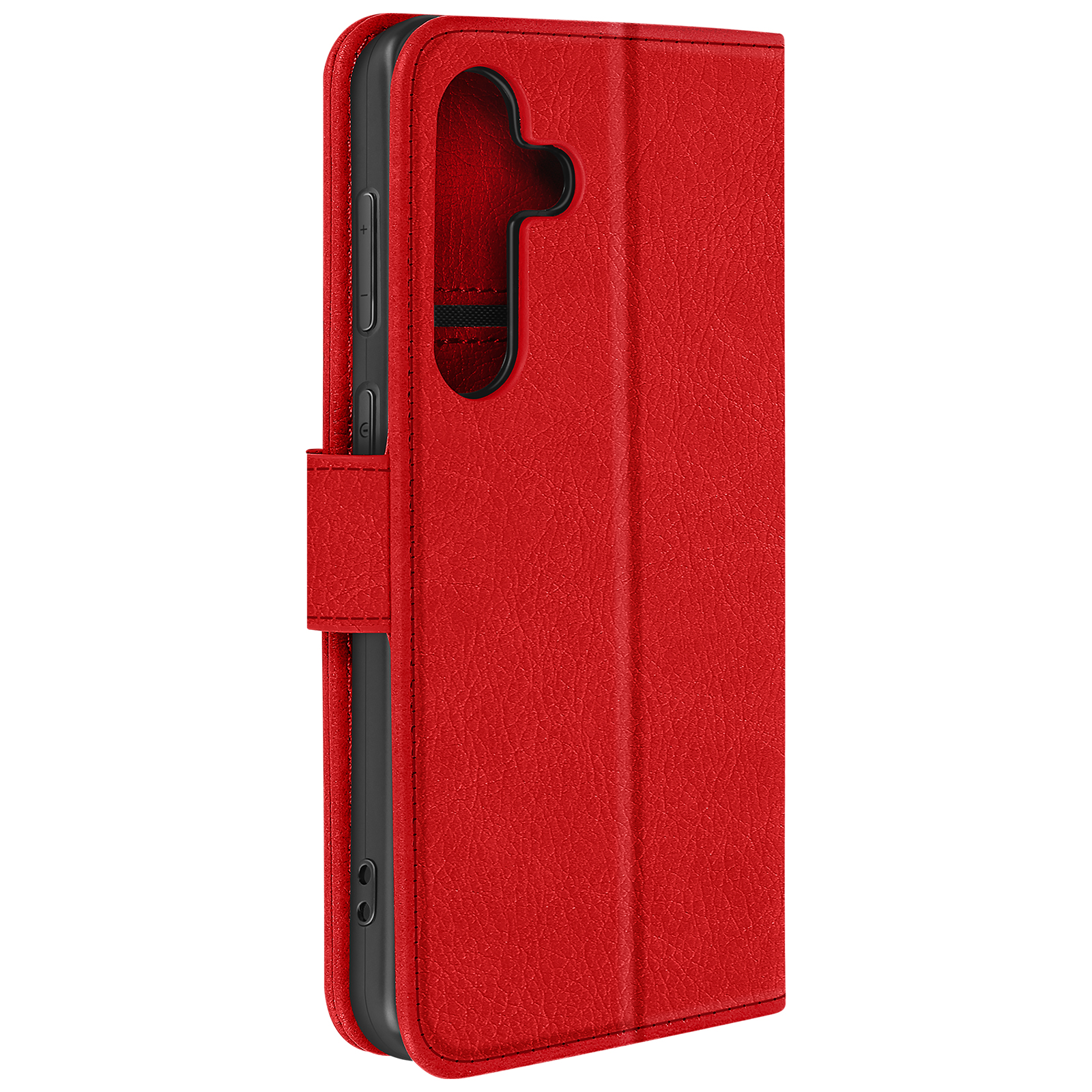 Custodia per telefono in pelle rossa con pulsanti laterali e interno nero.