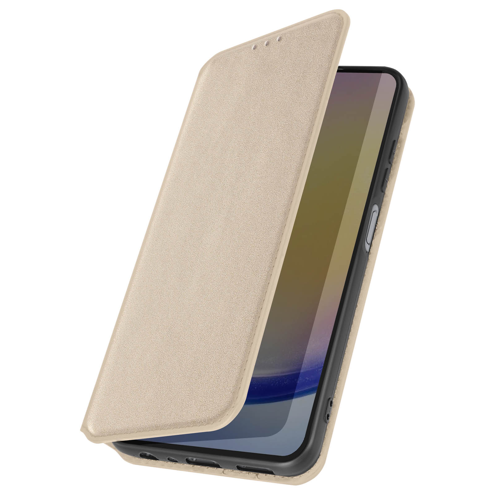 Custodia beige per telefono, aperta. Telefono dentro, schermo nero. Materiale beige simile alla pelle. Aperta ad angolo.