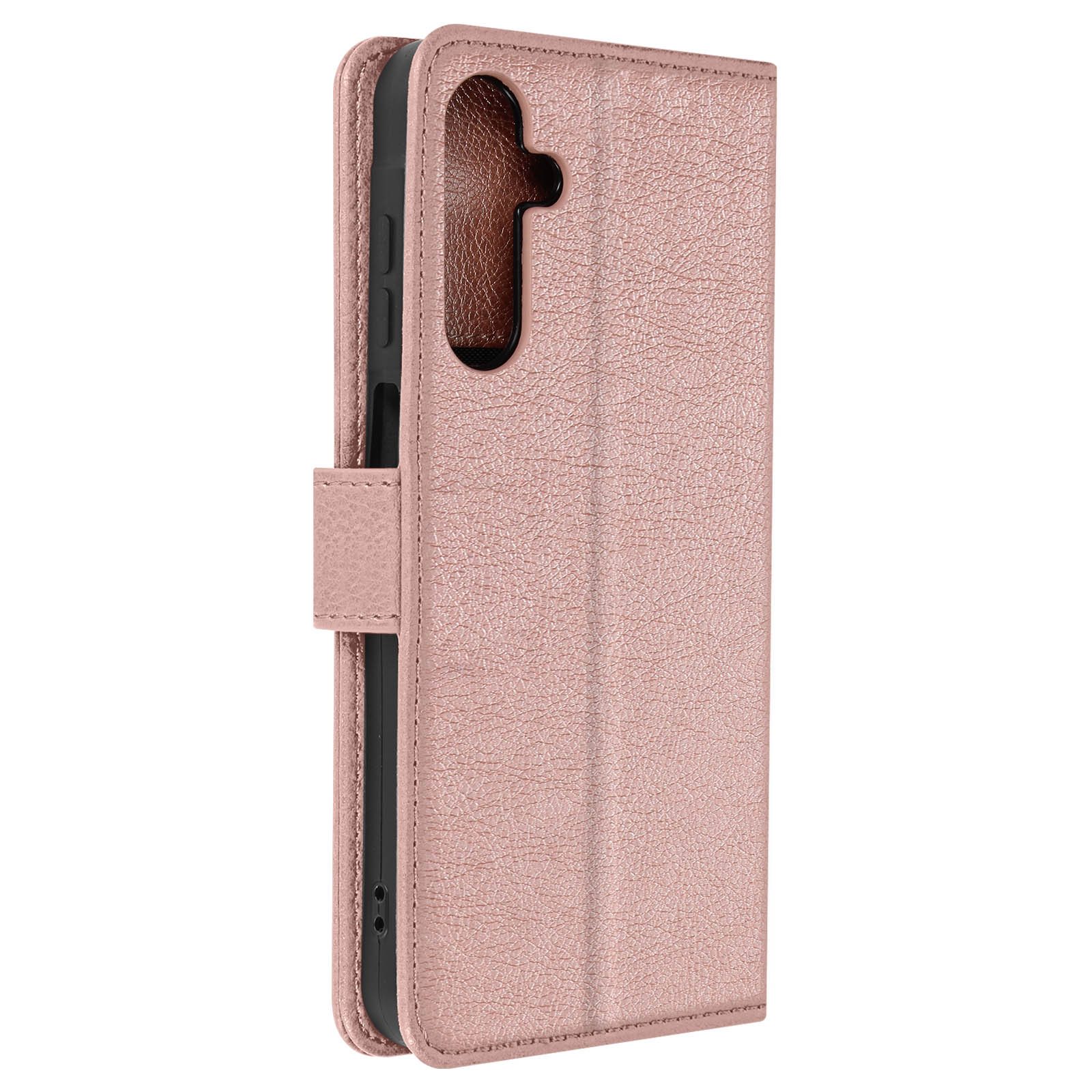 Custodia per telefono rosa, stile portafoglio effetto pelle. Interno marrone, sfondo bianco.