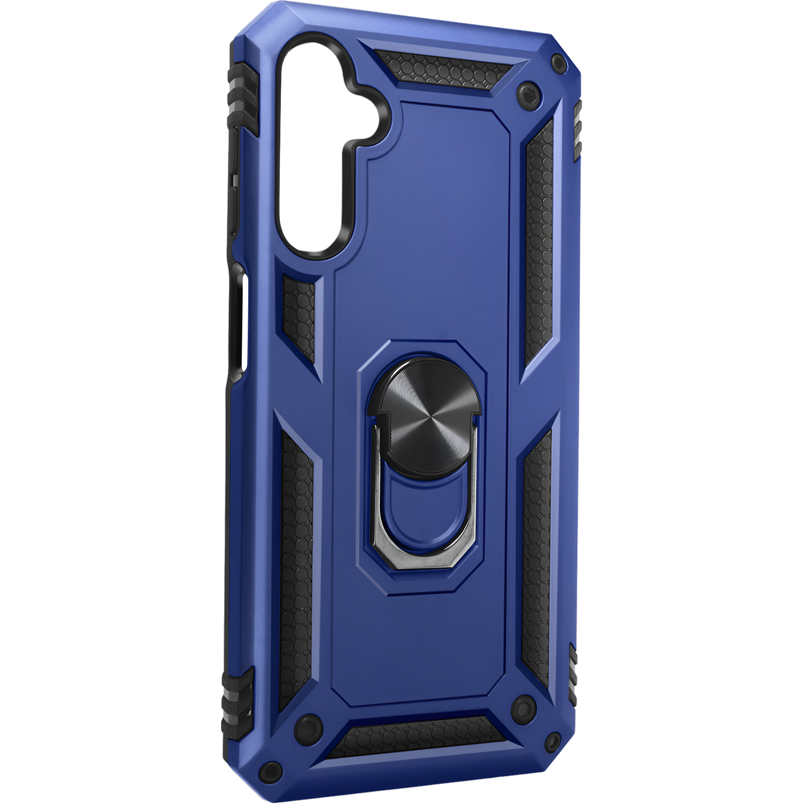 Eine blaue Handyhülle mit einem Ringhalter. Sie hat ein strukturiertes Design und Aussparungen für Kamera.