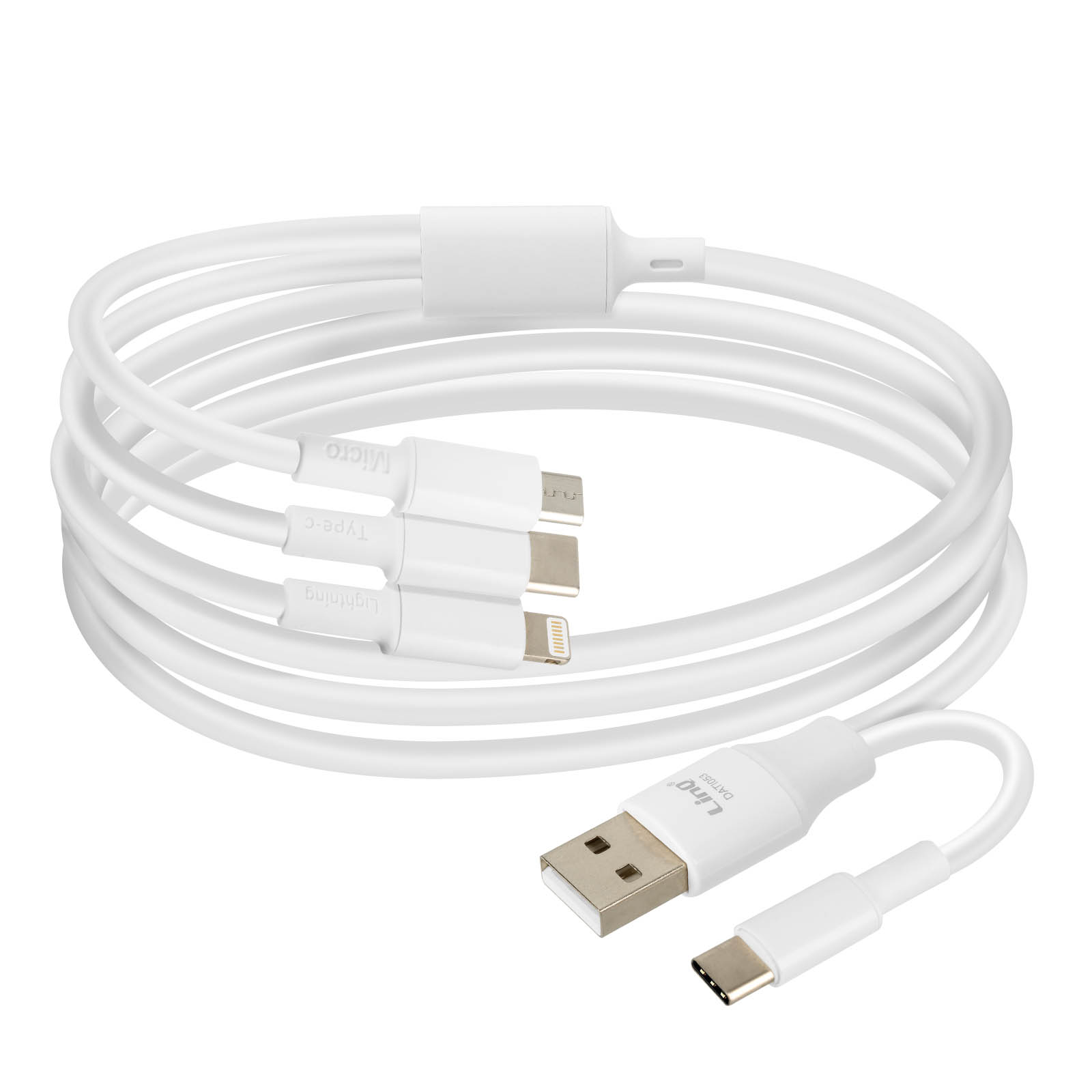 Cavi di ricarica bianchi. Connettori Micro, Type-C e Lightning. Porta USB su un'estremità. Arrotolato e ordinato.