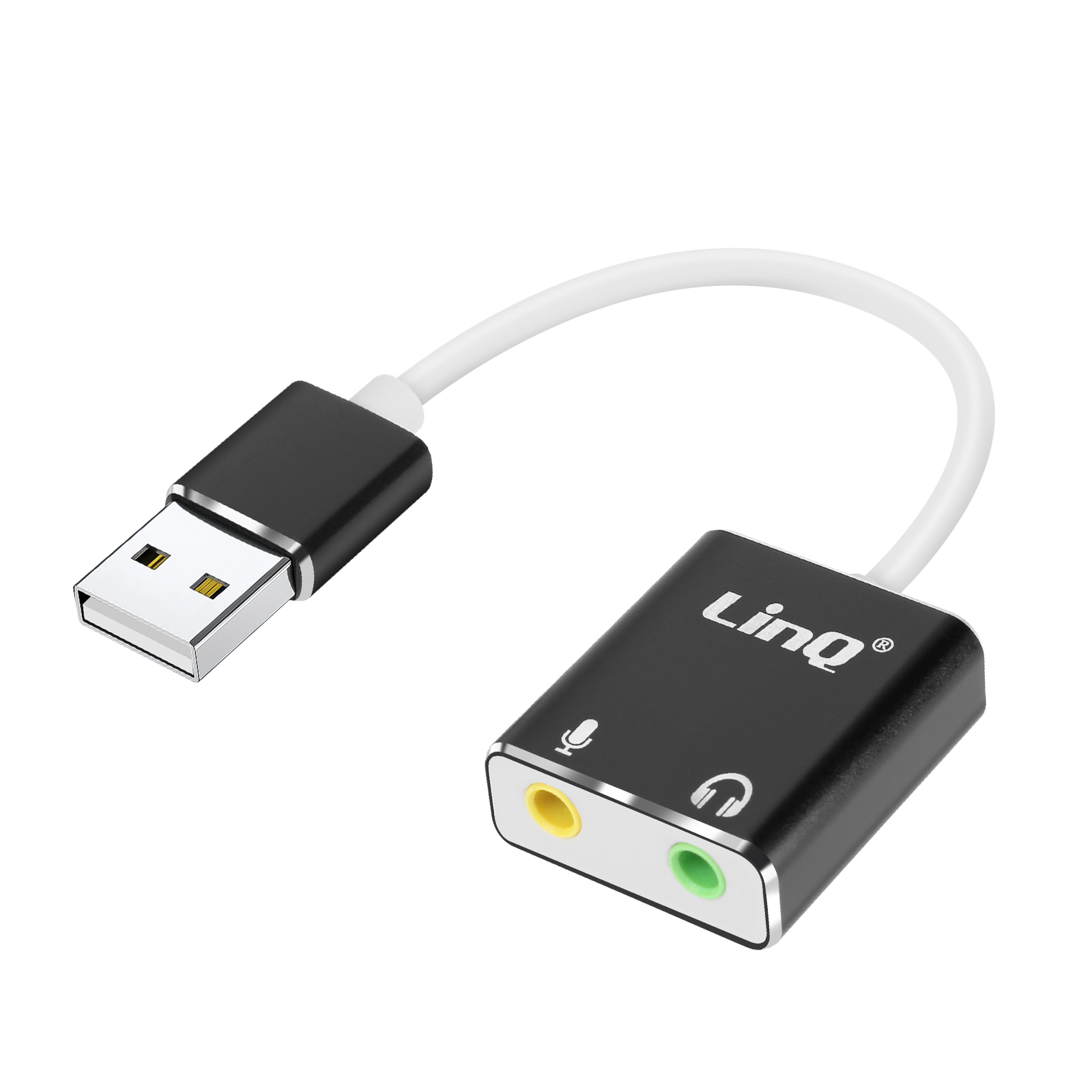 Adattatore USB-audio nero con un connettore USB e due jack audio (microfono e cuffie).