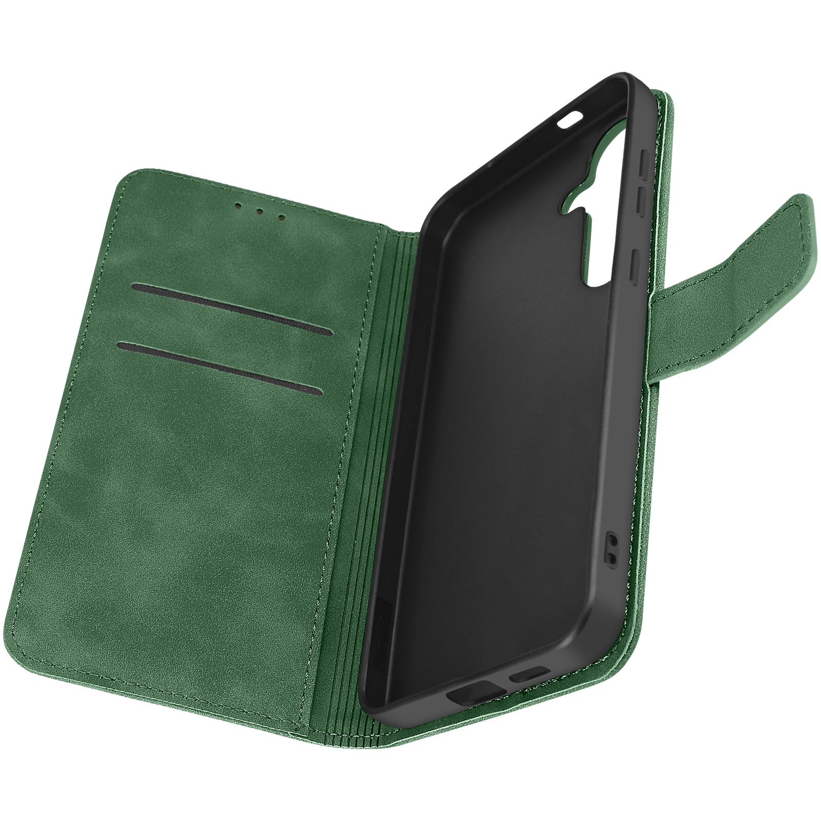Custodia verde per telefono. L'interno è nero, con fessure per carte. Aperta, mostra lo spazio del telefono.
