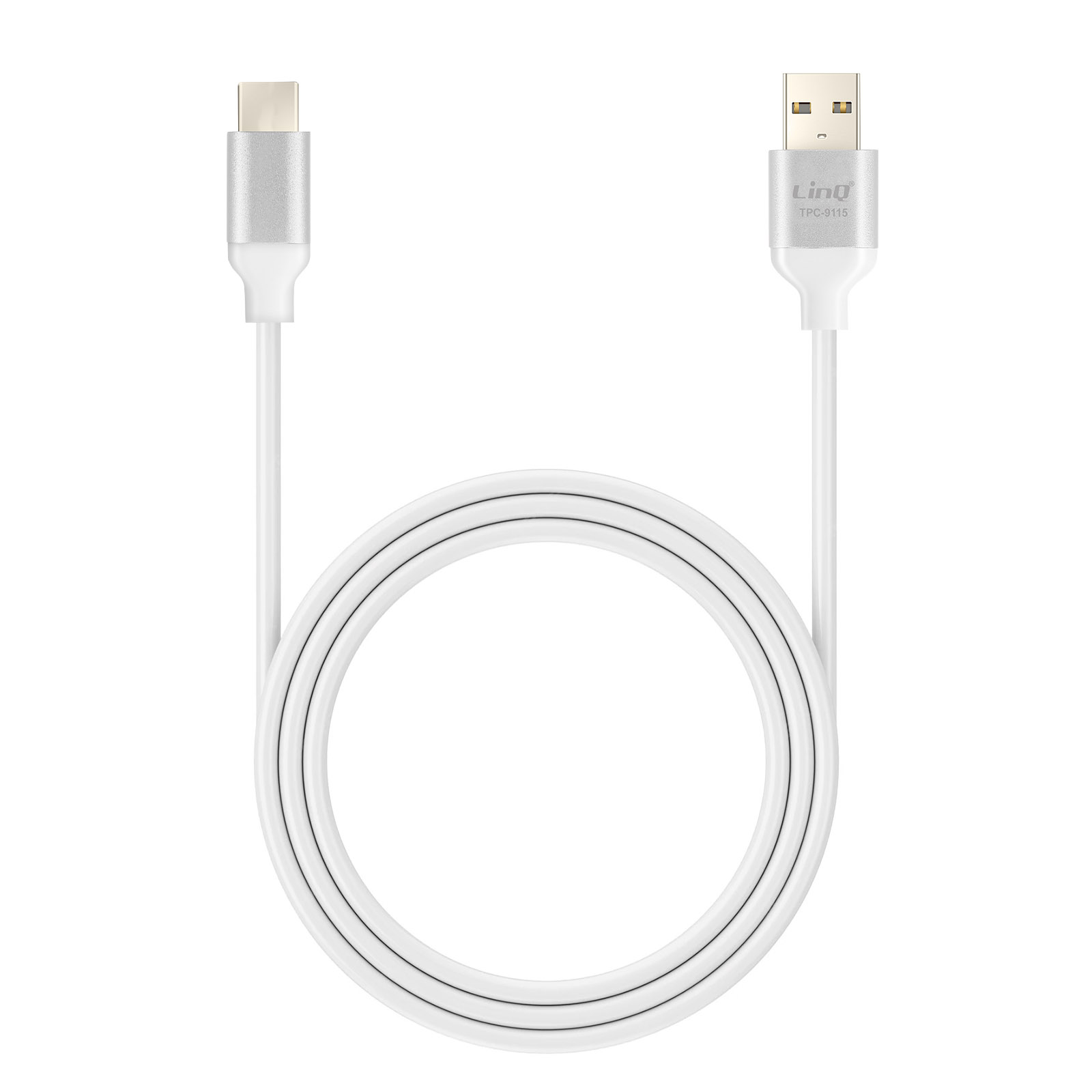 Câble USB-C vers USB-A blanc, enroulé en boucle, sur fond blanc.