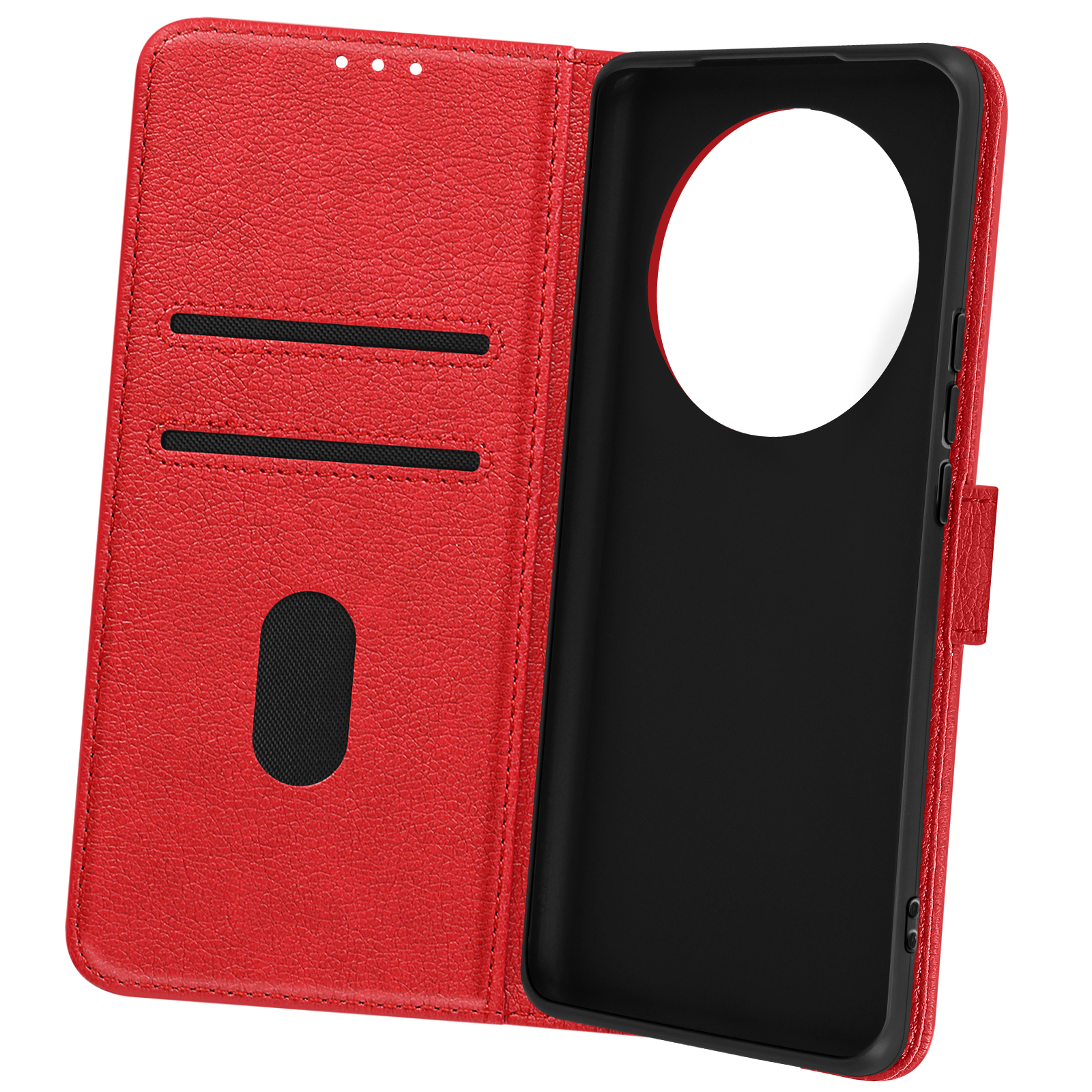 Custodia per telefono rossa con fessure per carte aperte, interno nero, sfondo bianco.