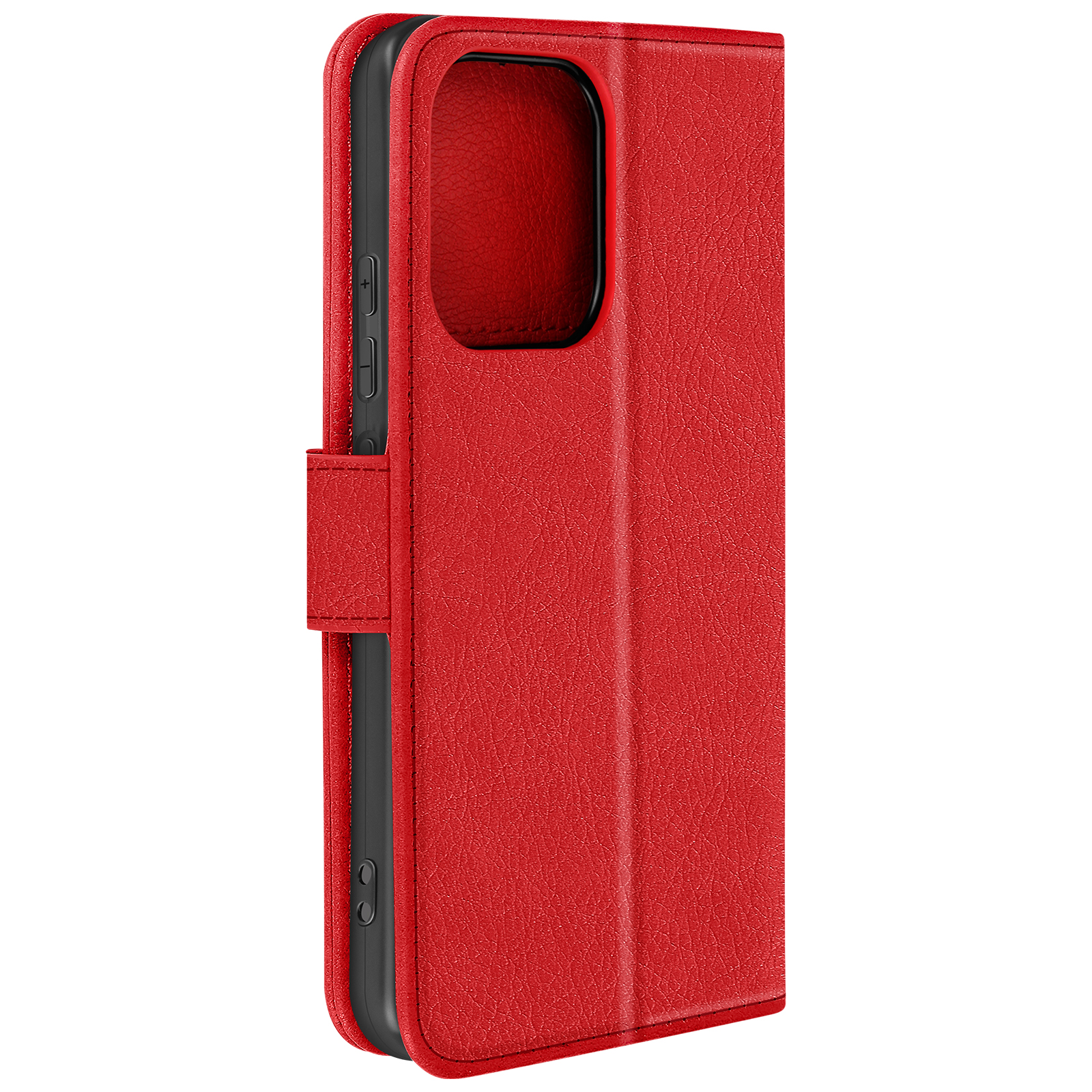 Custodia per telefono rossa, chiusa, con superficie strutturata. Interno nero.