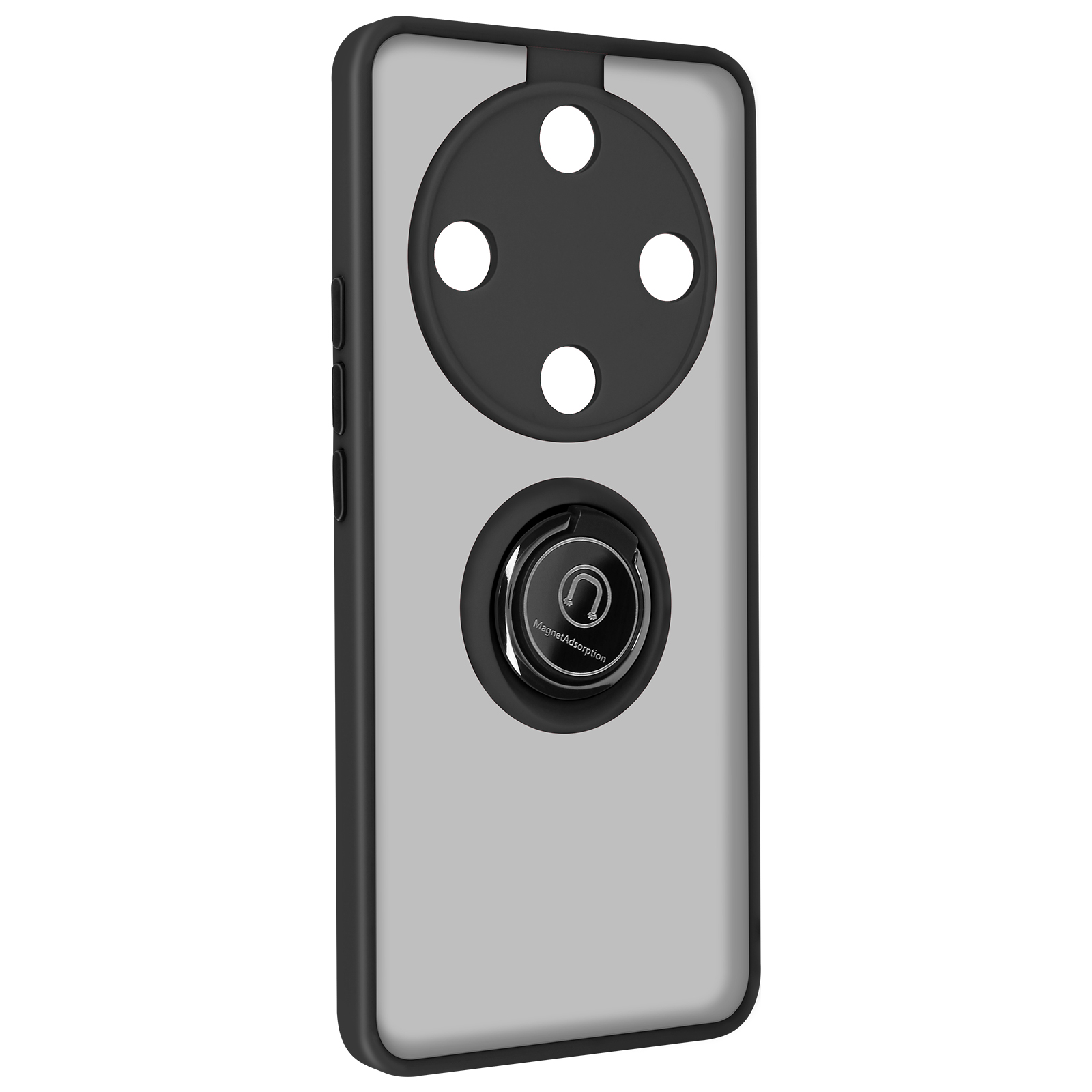 Custodia nera per telefono con anello fotocamera e anello per telefono. Sfondo bianco.