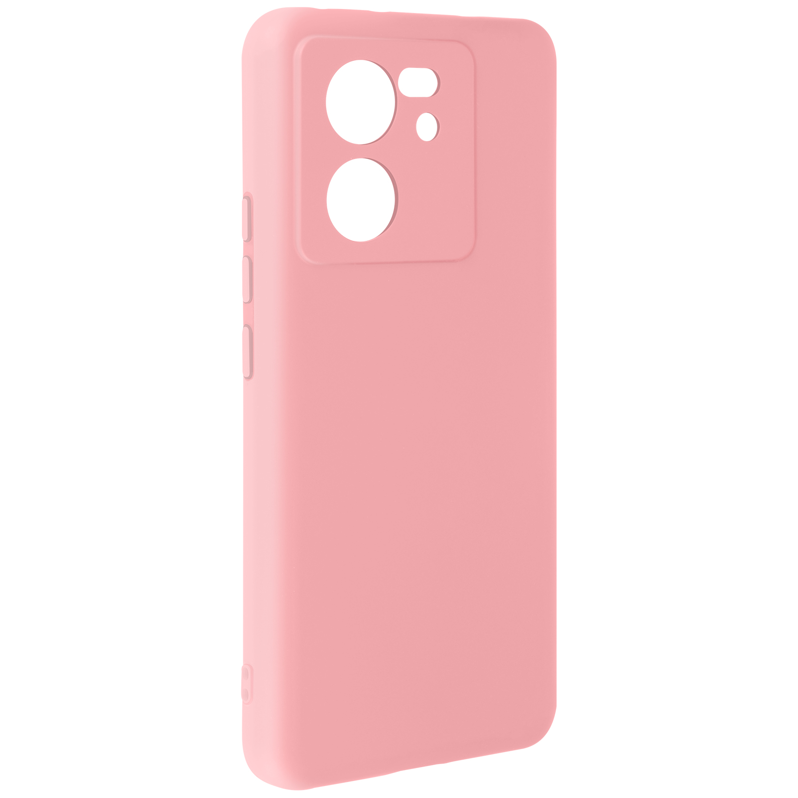 Een roze telefoonhoesje met uitsparingen voor de camera en knoppen.