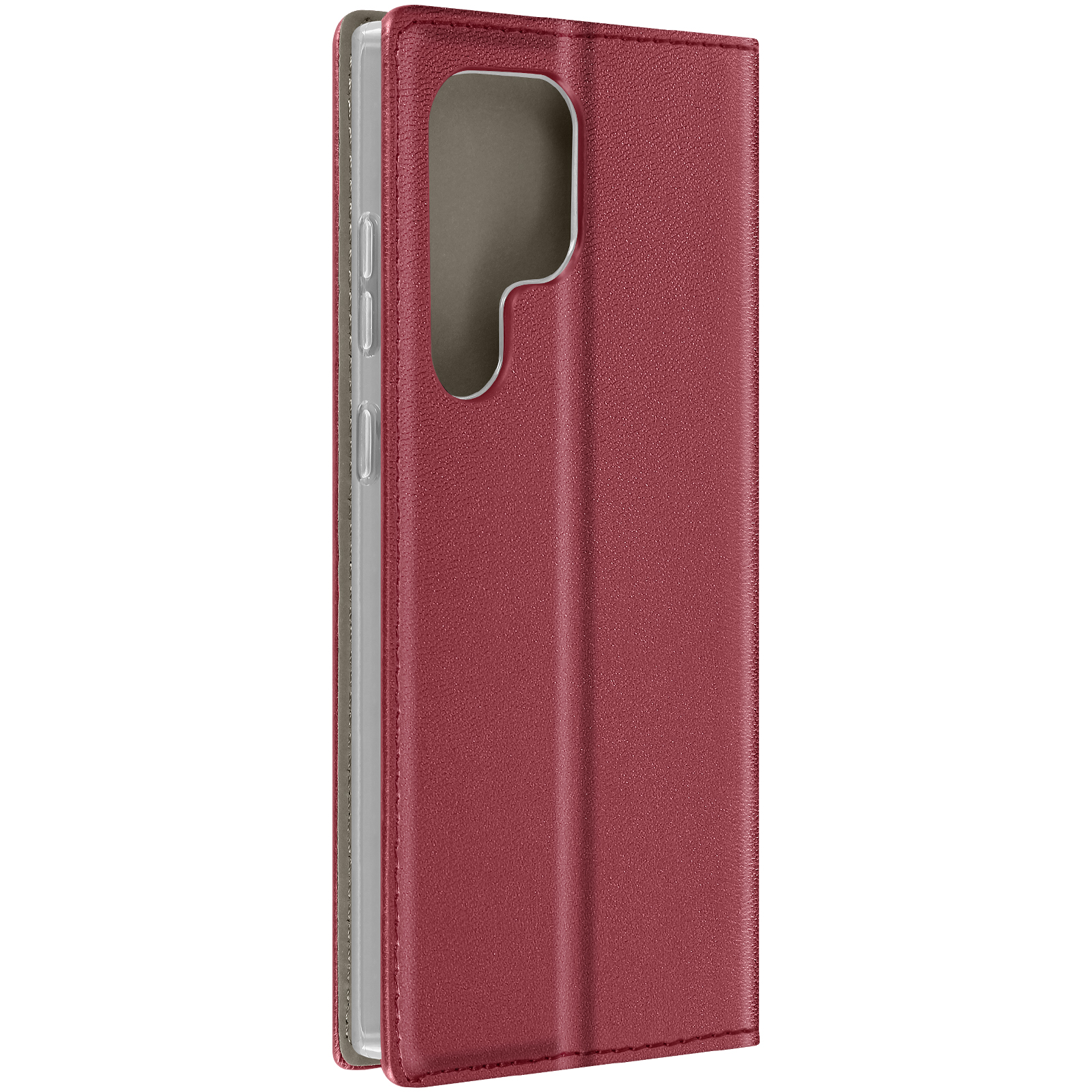 Custodia per telefono rossa, chiusa, con interno grigio chiaro, su superficie bianca.