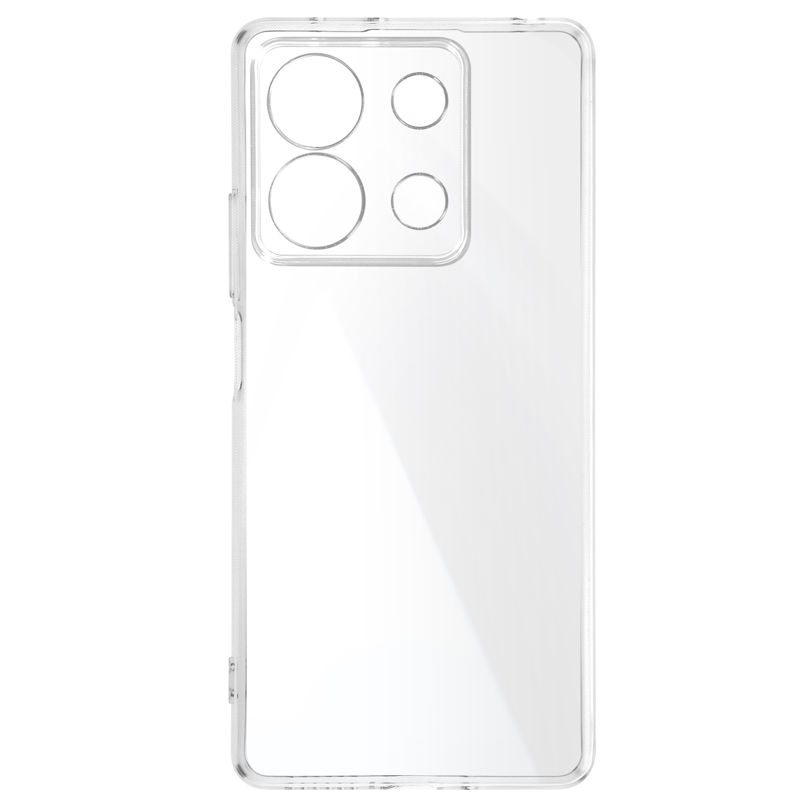 Una custodia trasparente per telefono. Offre protezione, con fori per la fotocamera. Materiale trasparente.