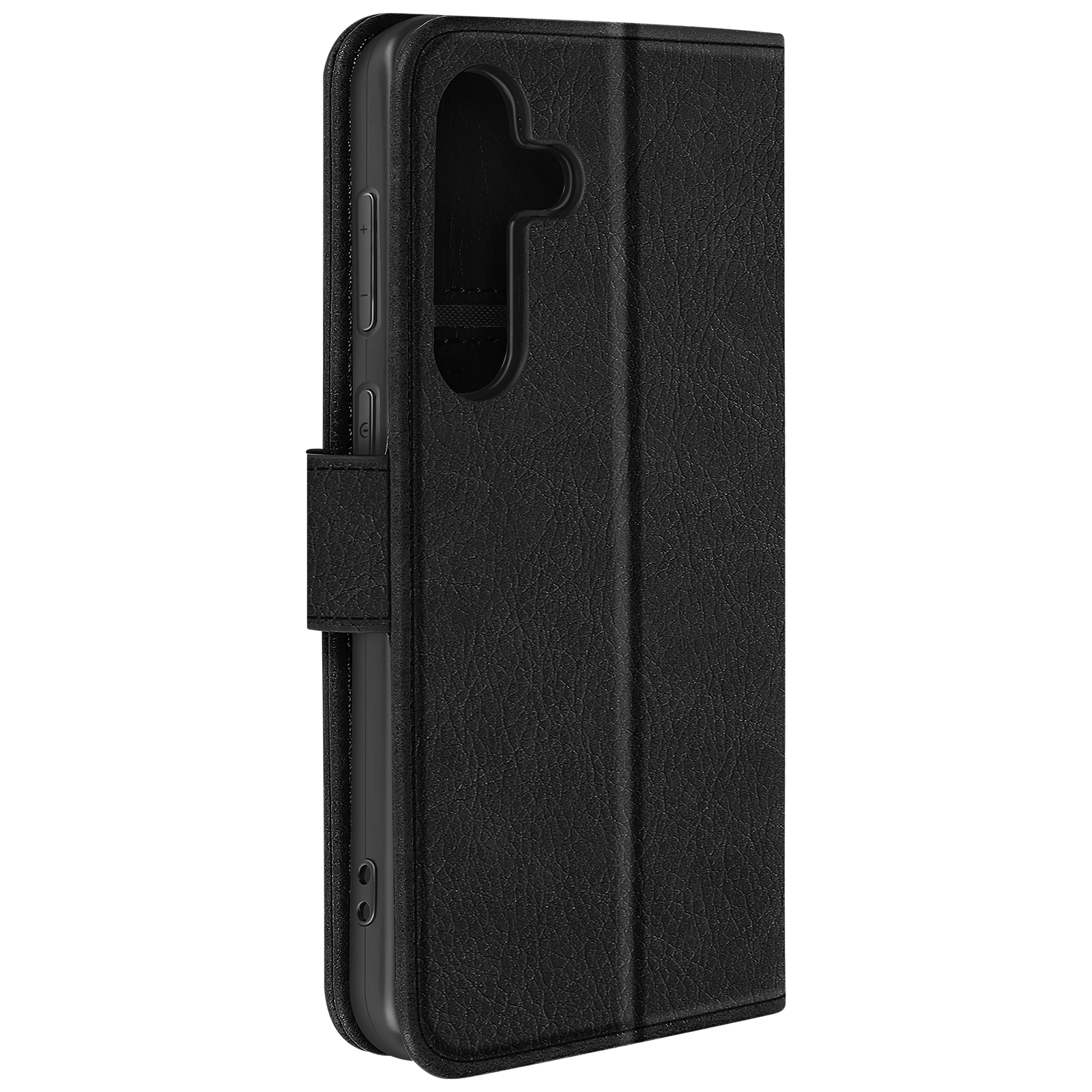 Custodia per telefono nera, chiusa. Ha una cover strutturata e un interno liscio e nero con una forma di telefono.