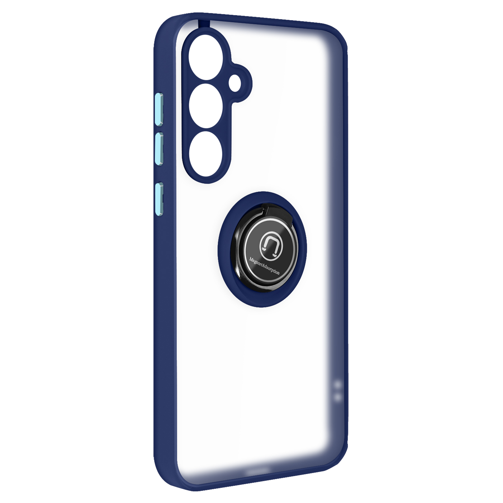 Custodia trasparente per telefono, finiture blu, supporto ad anello. Plastica trasparente con bordi blu. Sfondo bianco.