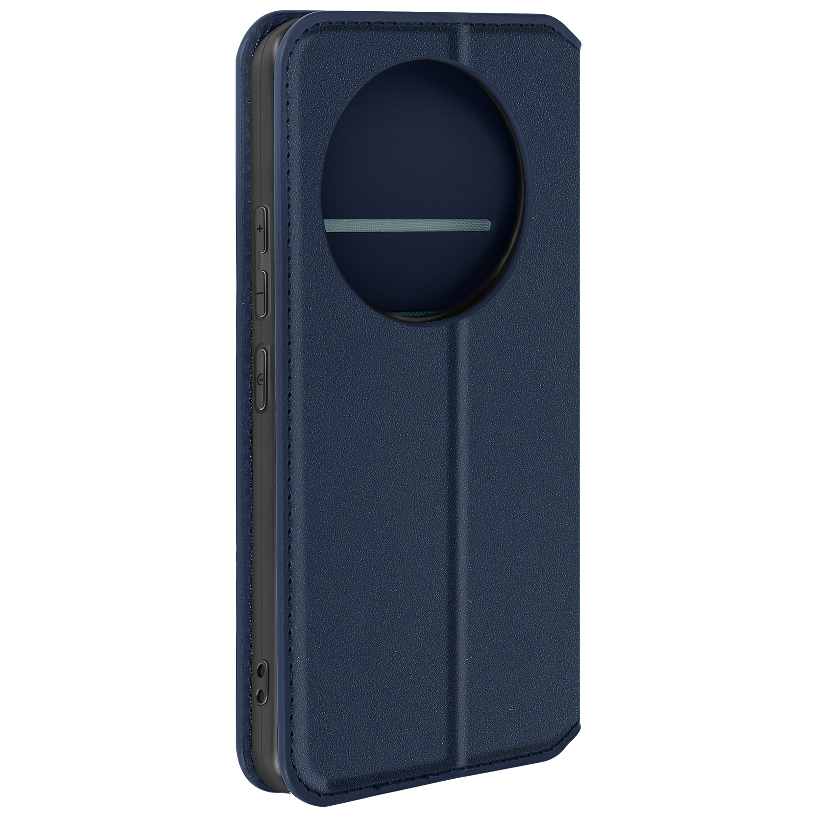 Custodia blu navy per telefono. Custodia chiusa, con una finestra circolare sul davanti.