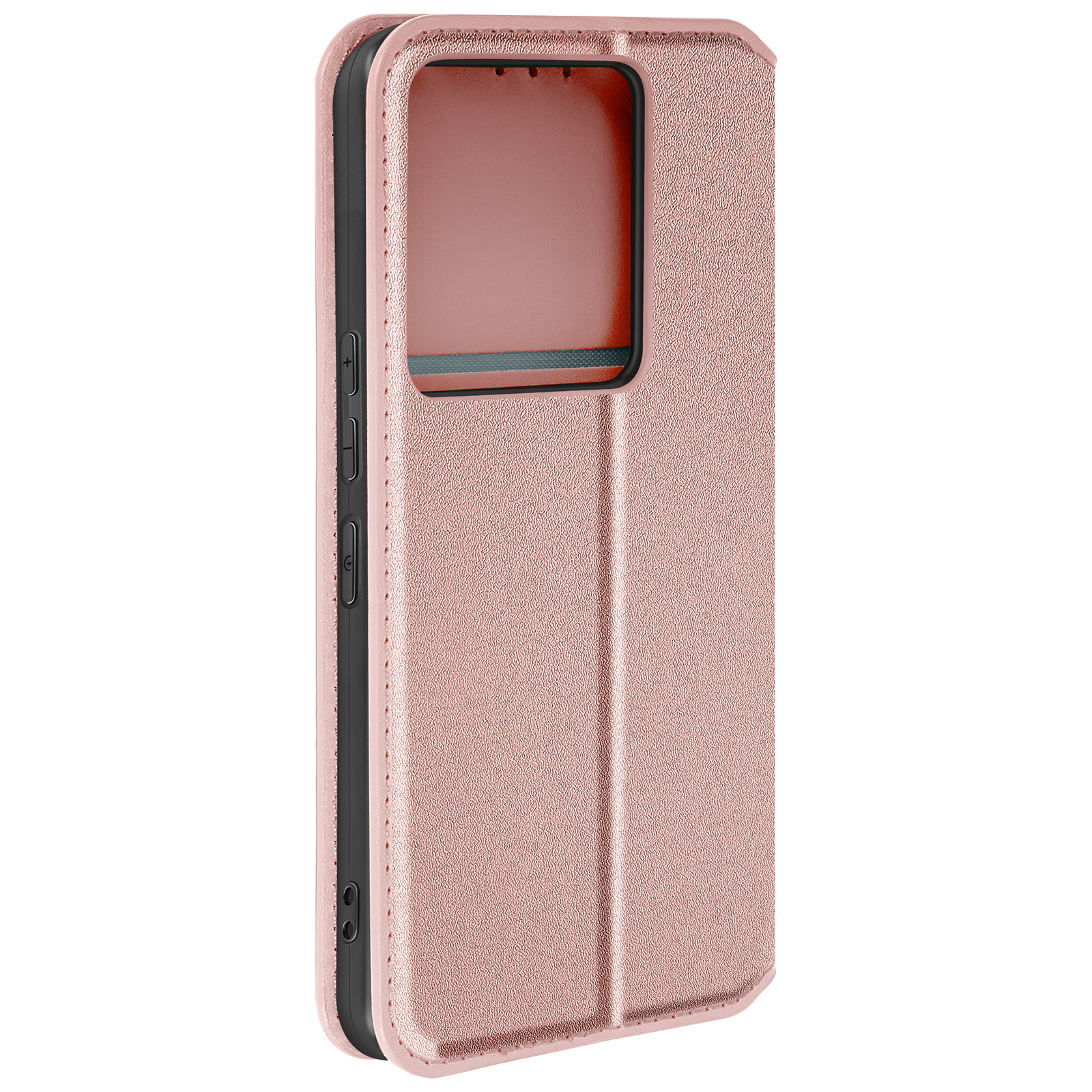 Una custodia oro rosa, aperta, con un telefono. La custodia ha una finestra.