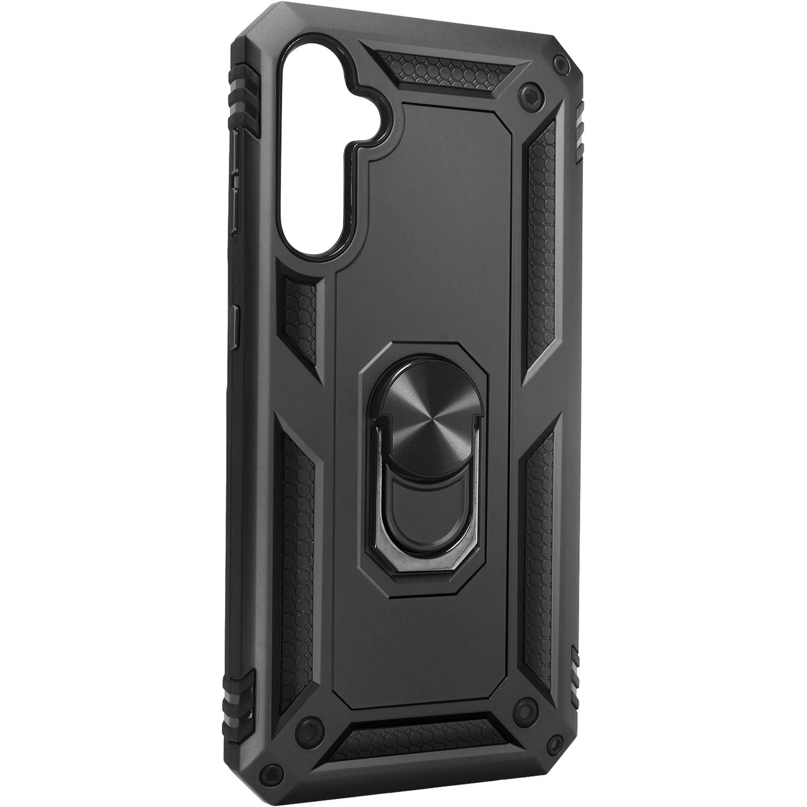 Custodia nera per telefono con supporto ad anello. Mostra una custodia nera con anello metallico e retro strutturato.